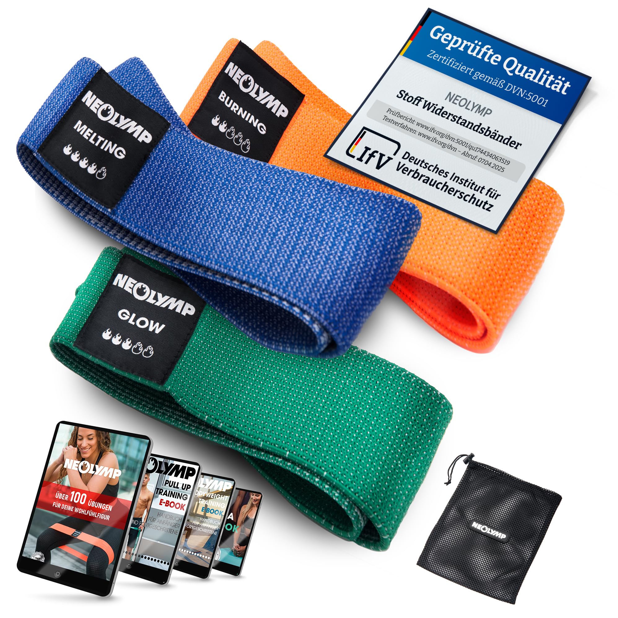 NEOLYMP Kurze Fitnessbänder Stoff - 3er-Set mit E-Book Trainingsprogramm