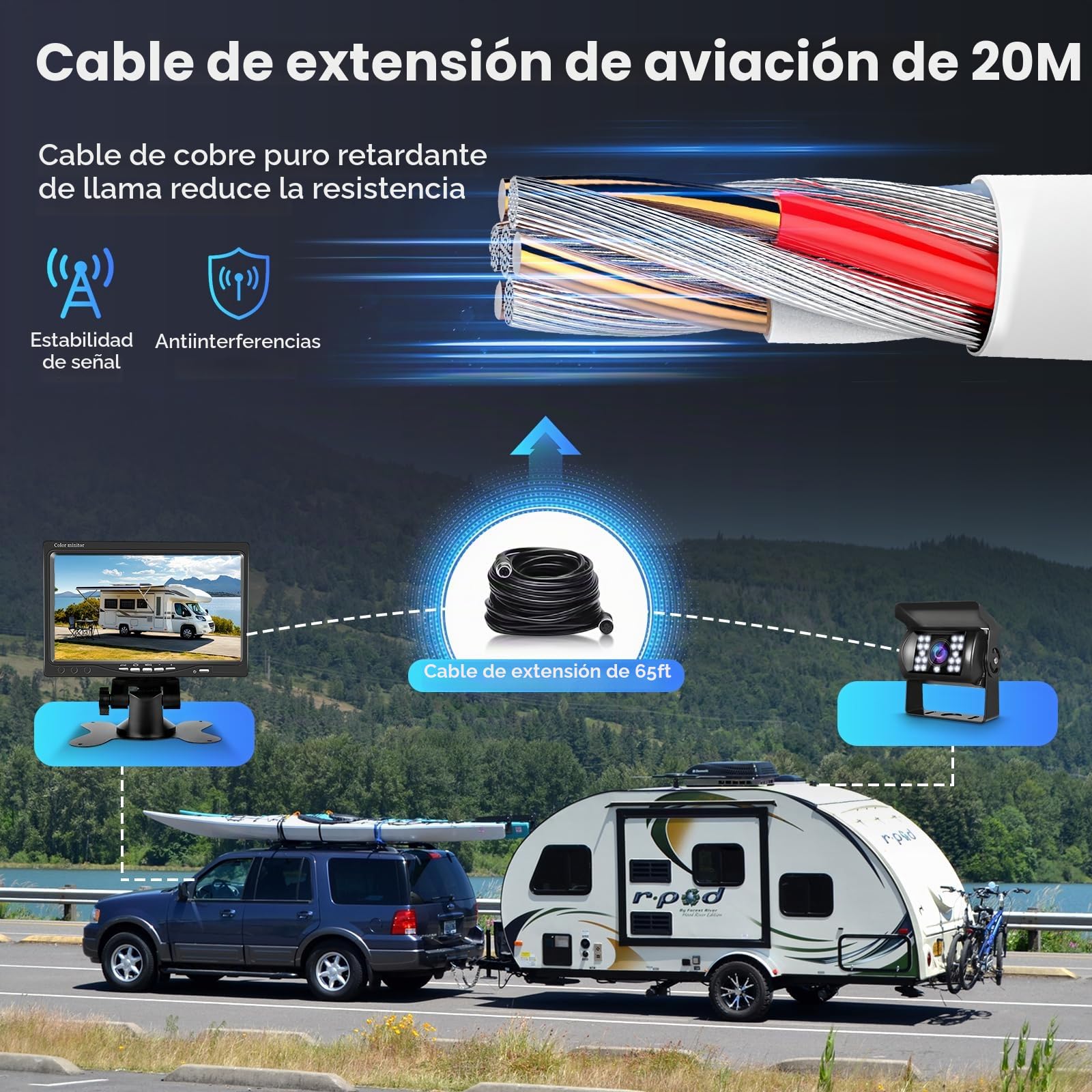 Podofo Kit de Cámara de Visión Trasera Coche con Pantalla LCD de 7", Impermeable de Visión Nocturna IR Cámara de Marcha Atrás con Cable de 4 Pines de Aviación, Auto Cámara para 12V-24V