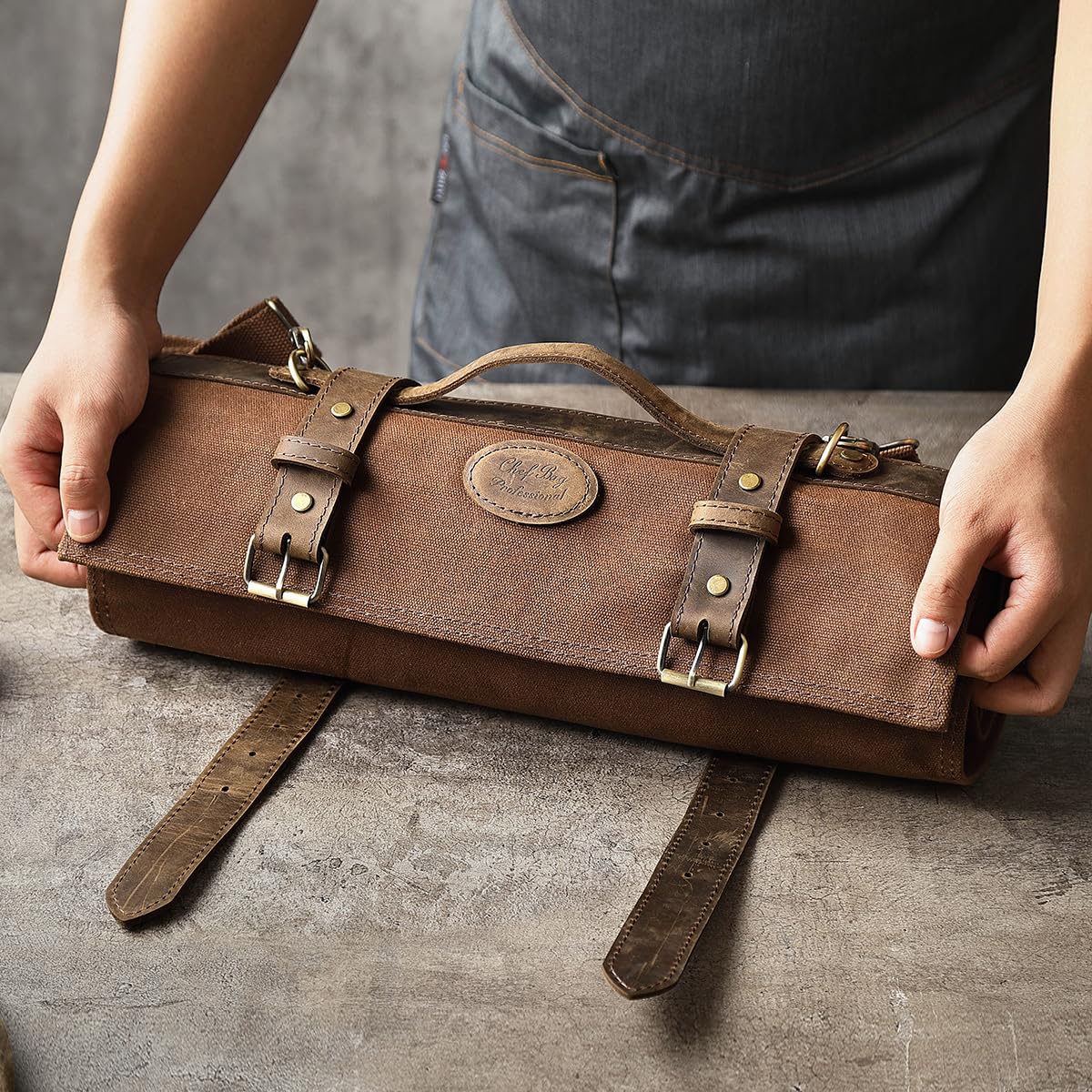 XINZUO Bolsa para Cuchillos de Chef, Estuche Profesional para Cuchillos de Chef, 12 Ranuras, Lona Encerada de 16oz y Cuero, Bolsa de Almacenamiento para Utensilios de Cocina (Sólo Bolsa)