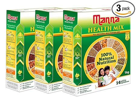 Manna Health Mix 3Kg | 100% Natural Multigrain Nutrition Drink for Kids | Multi Millet Health Drink Mix Powder (1kg x 3 Packs) | 14 Natural Ingredients | Millets, Nuts, Cereals & Pulses | Sathu maavu | Porridge Mix