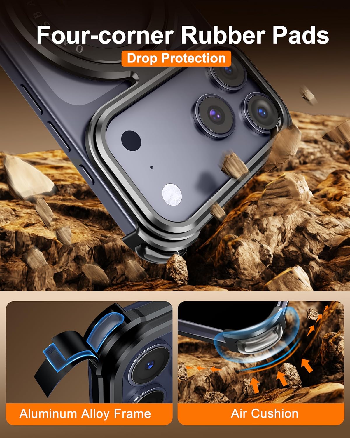 OGRANEE Frameless Bumper Case for iPhone 17 Pro Max, Compatible with MagSafe, 360° Rotating Ring Stand, Corner Rubber Pad Airtection, One-Key Install/Uninstall Metal Cover, Black Slim