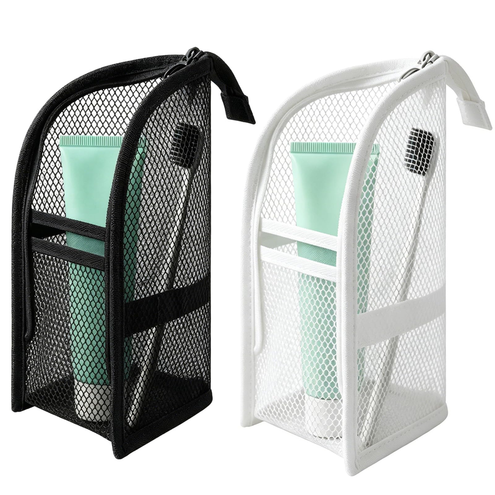 2-Piece Makeup Bag Bundle, Thin Travel Organizer Pouch for Women, Stand Up Storage Bag and Brush Holder, Water-Resistant (Black and White)-image-31
