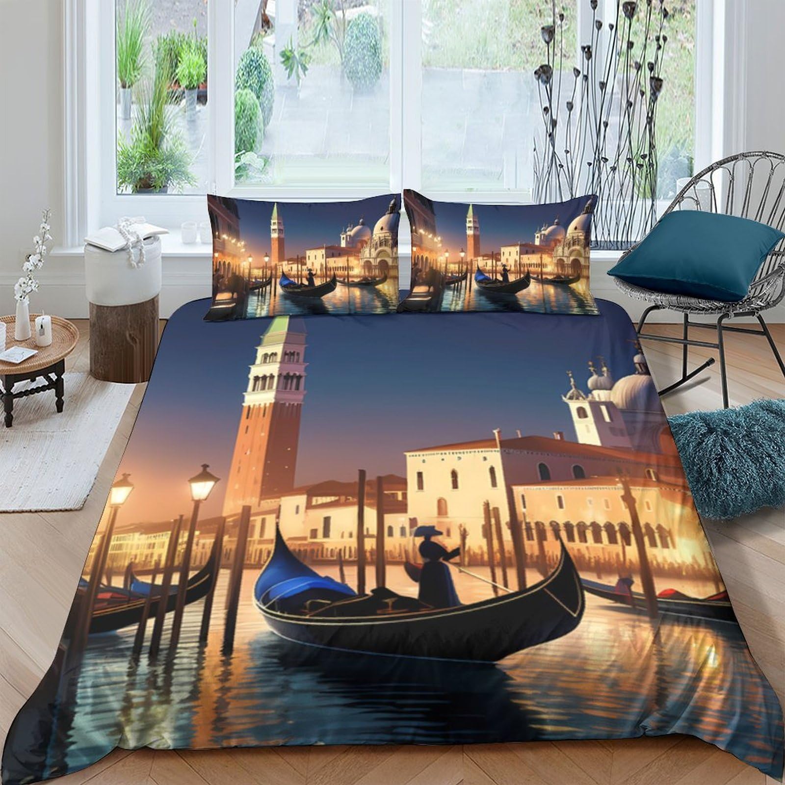 Ctjqhvkz Style-7 3D Printed Venice Night View Fitted Sheet Microfiber Soft Breathable Gondola Bed Cover For Bedroom Dorm Mattress Decor Single（135X200cm）