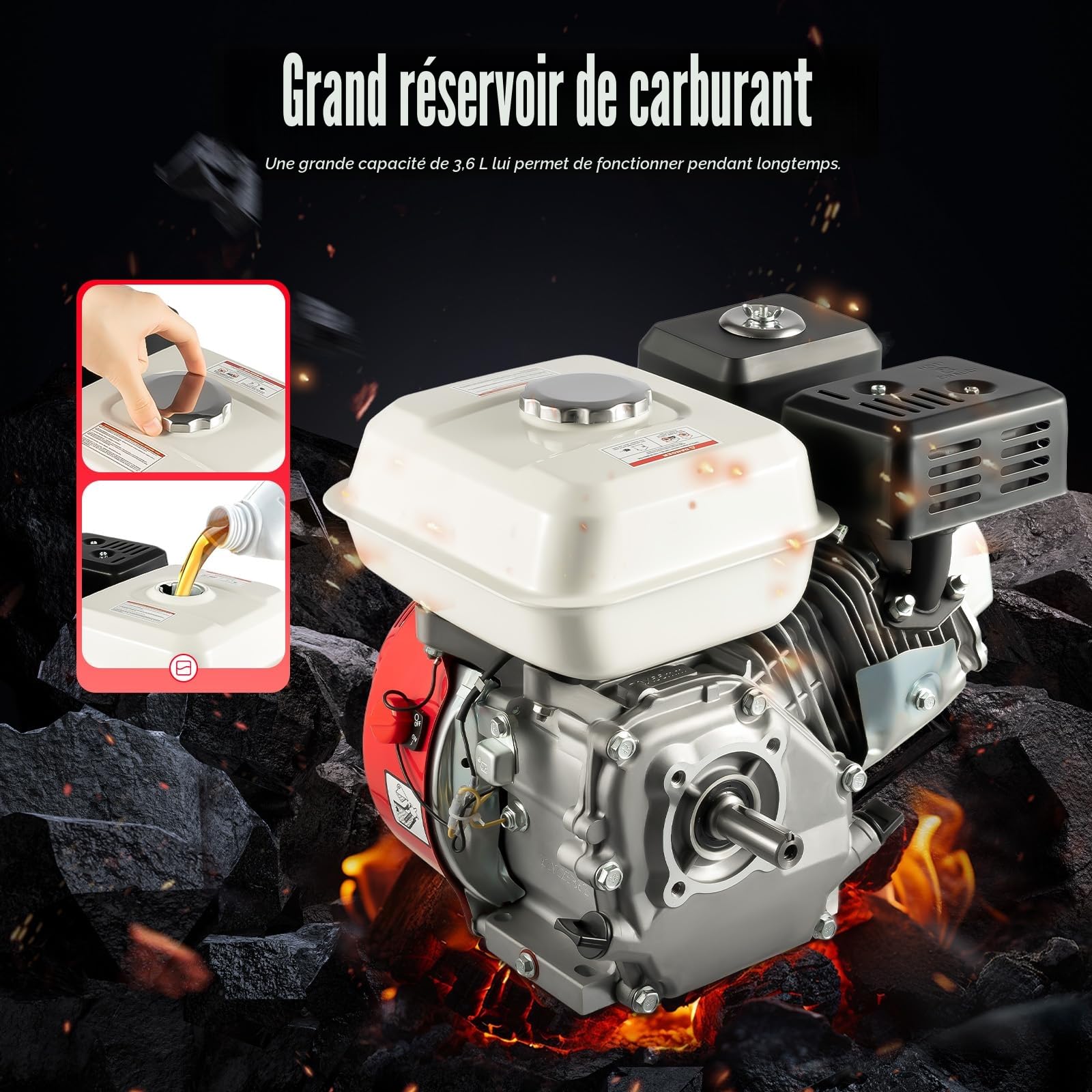 Moteur à essence 4 temps 7,5 CV - Moteur à essence avec arbre de 20 mm de diamètre et alarme d'huile - Faible consommation de carburant - Moteur industriel 3600 tr/min