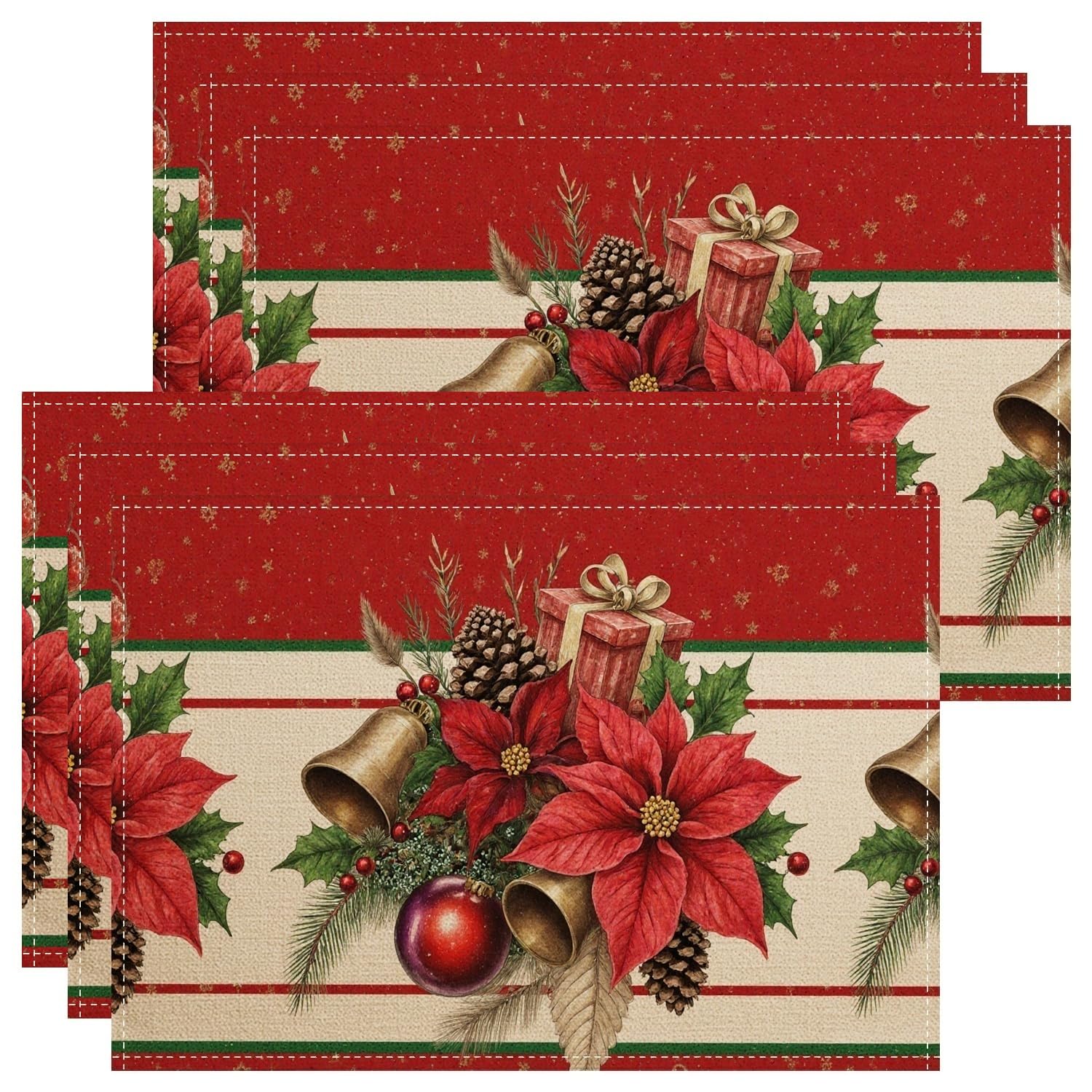 Christmas Poinsettia Placemats, Festive Vintage Floral Place Mats for Dining Table, Holiday Non-Slip Washable Indoor Outdoor Kitchen Party Decorative Placemat Set of 6