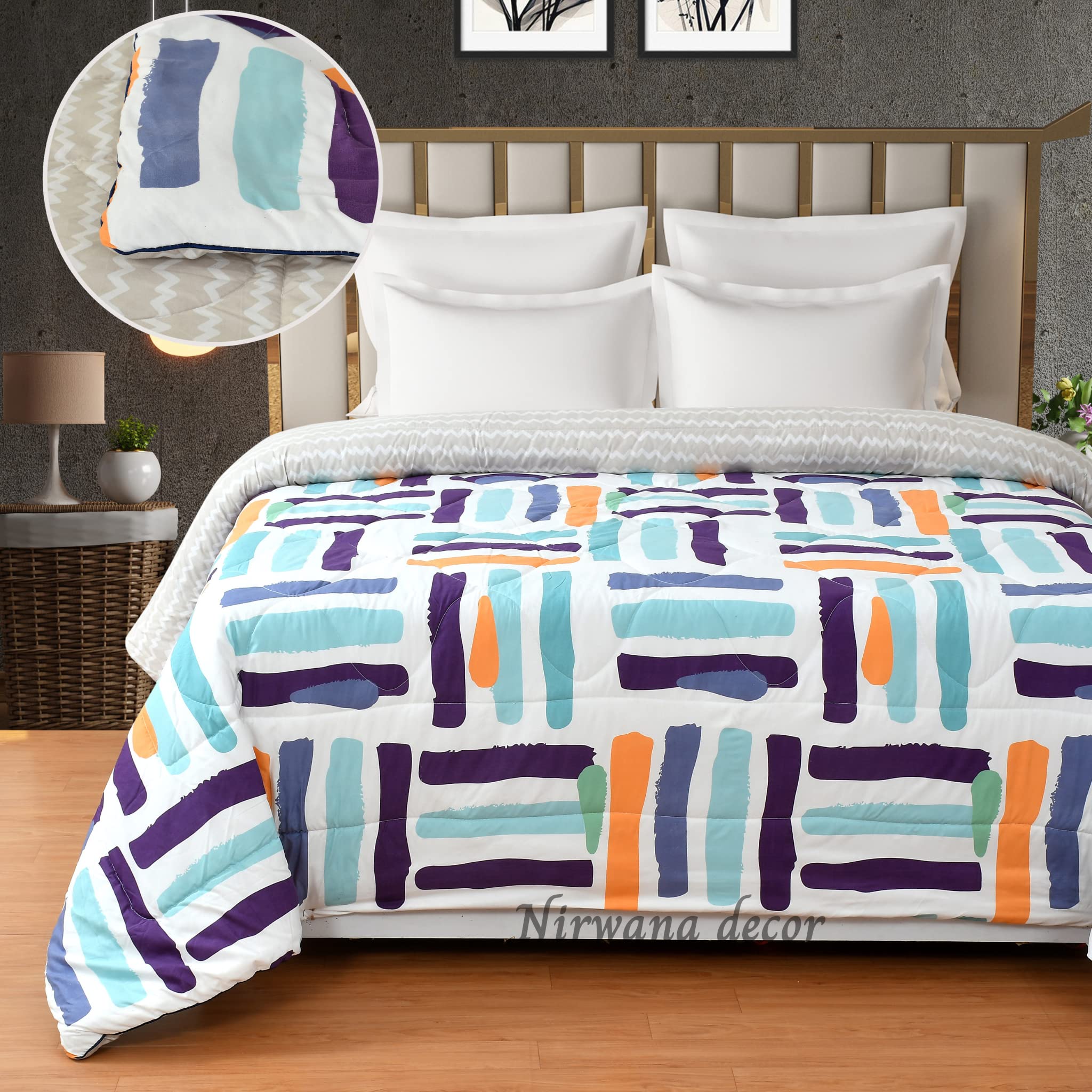 Nirwana decor® Della Bella Microfiber Reversible Comforter, Duvet Cover, AC Blanket, with Piping, 200 GSM (ss3colorlines, 90x100 inches)