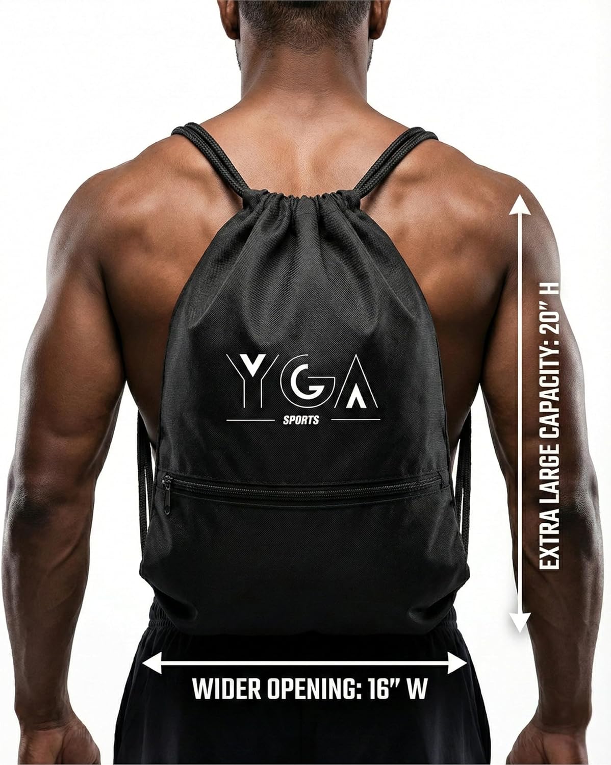 Heavy-Duty Drawstring Bag - 16 x 20 Inch XL Gym Sackpack - 420D Waterproof Polyester, External Zipper Pocket, Thick Comfort Straps - Fits Size 7 Basketball
