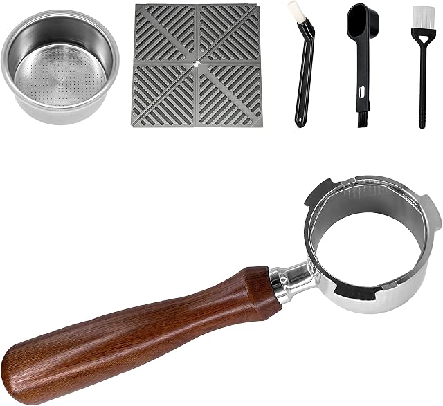 NEOUZA Coffee 51mm Bottomless Portafilter Compatible with DeLonghi EC680/EC685 Espresso Machine, No Base Filter Holder, Wooden Coffee Handle Fillter Basket, Brushes,Spoon,Tamper mat (3 Ear)