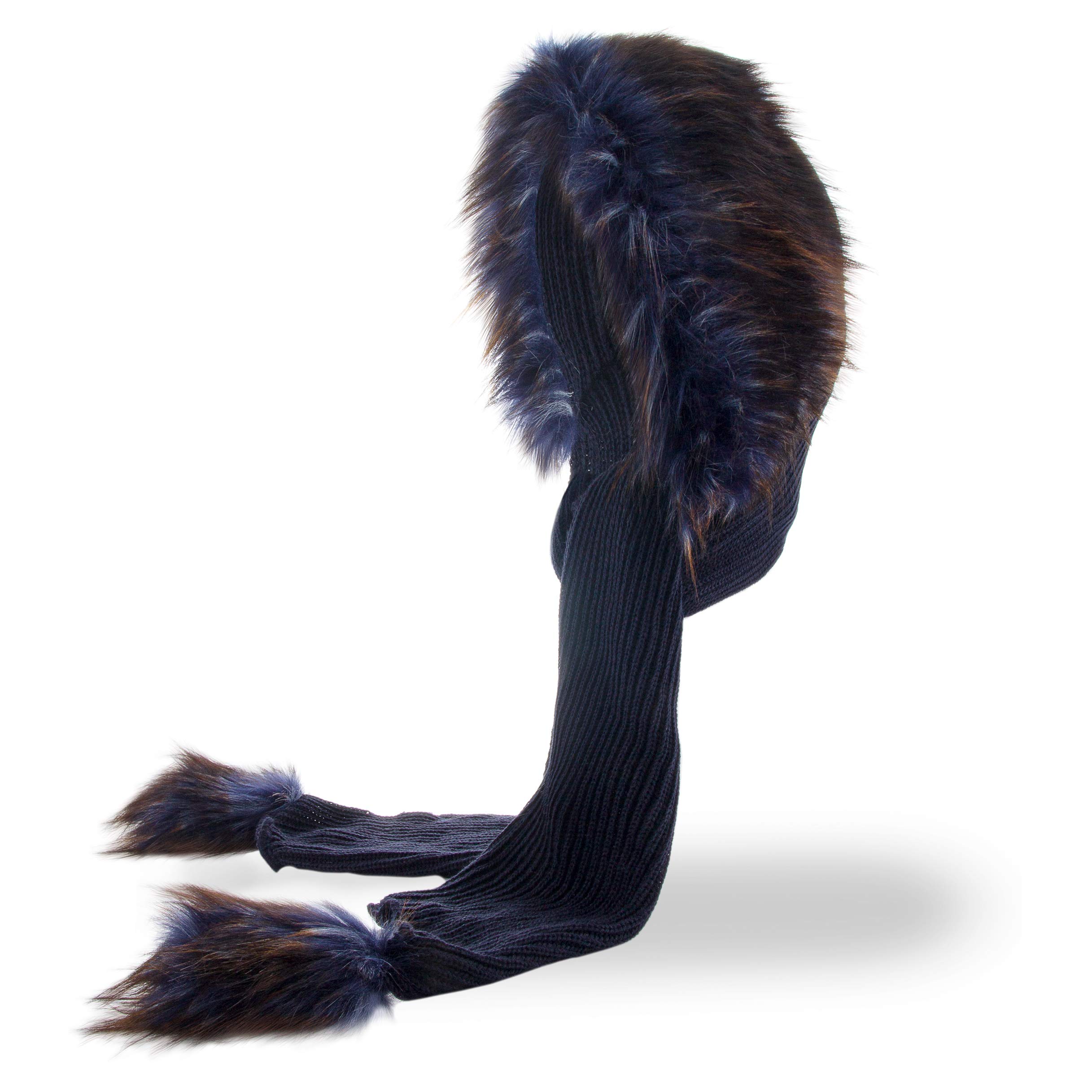 Futrzane Classic Hooded Scarf - Faux Fur Hooded Scarves for Women - Cowl & Hat (Navy Blue - Navy Blue with Brown Classic)