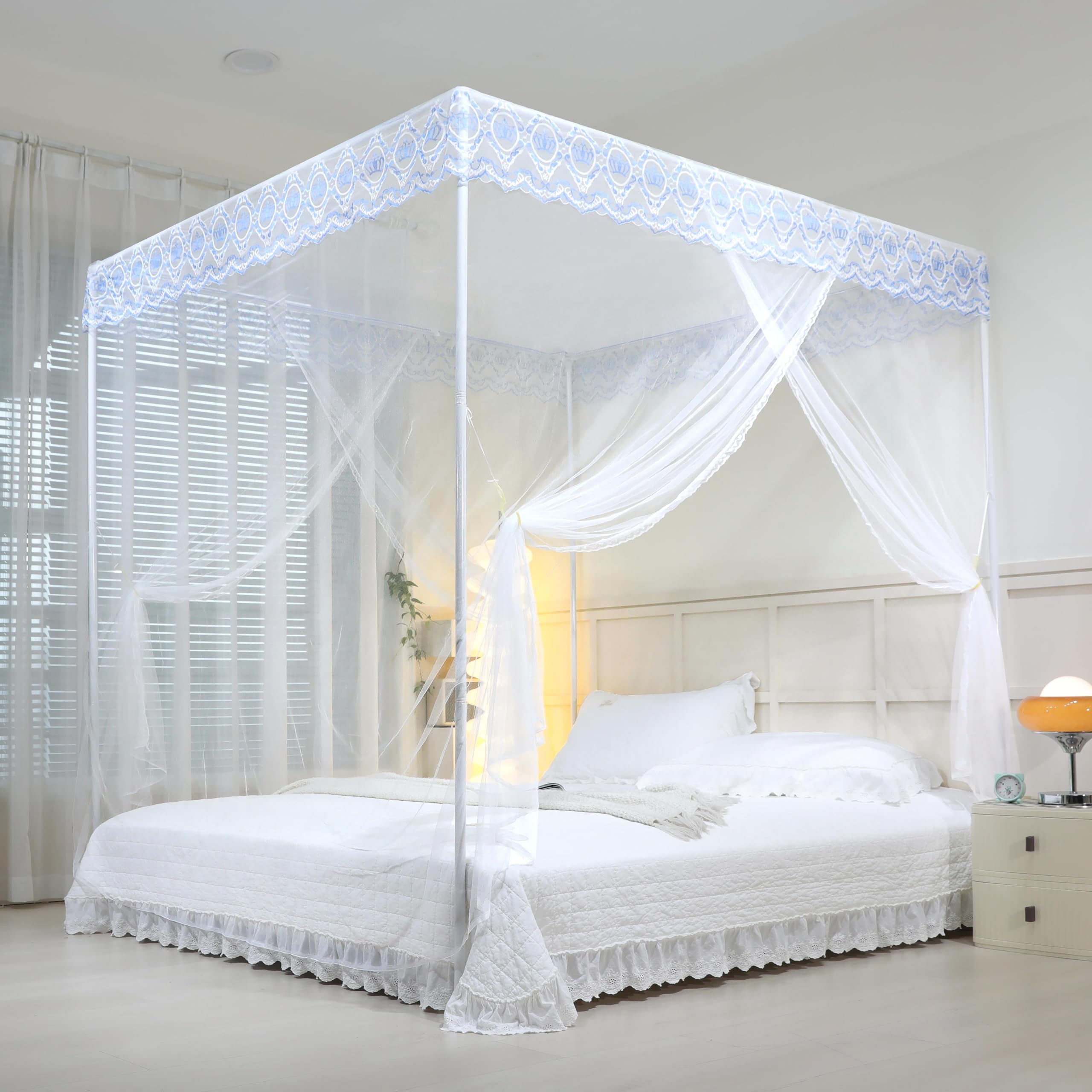 naturetalk Bed Canopy, Princess Bed Curtain Net for Girls & Adults?Three-Doors Rectangle Lace Dome Netting (White, King)