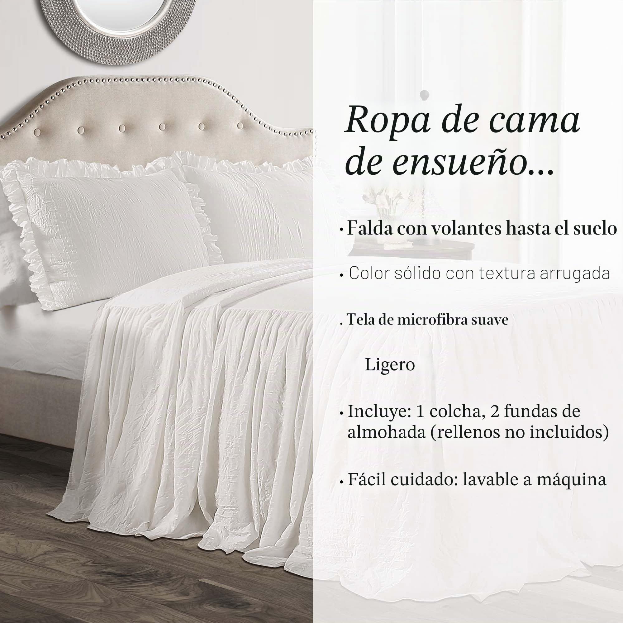 Lush Decor Colcha de Falda con Volantes, poliéster, Blanco, tamaño matrimonial