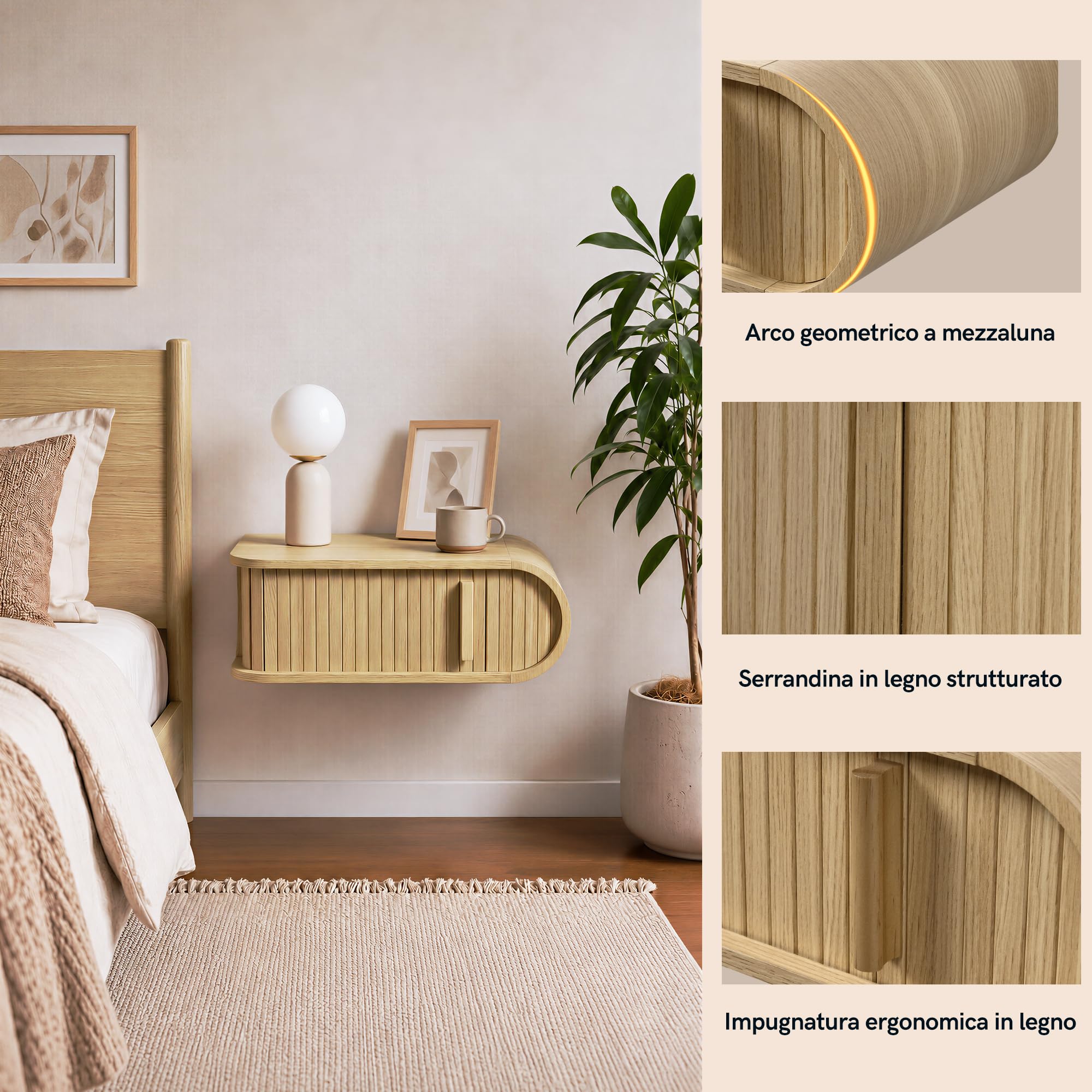 Afuly Comodino Sospeso Effetto Rovere Anta a Serrandina Forma D Sinistra | in legno, salvaspazio, vano nascosto, angoli arrotondati, 25 x 45 x 16 cm, portata fino a 20 kg, stile scandinavo naturale