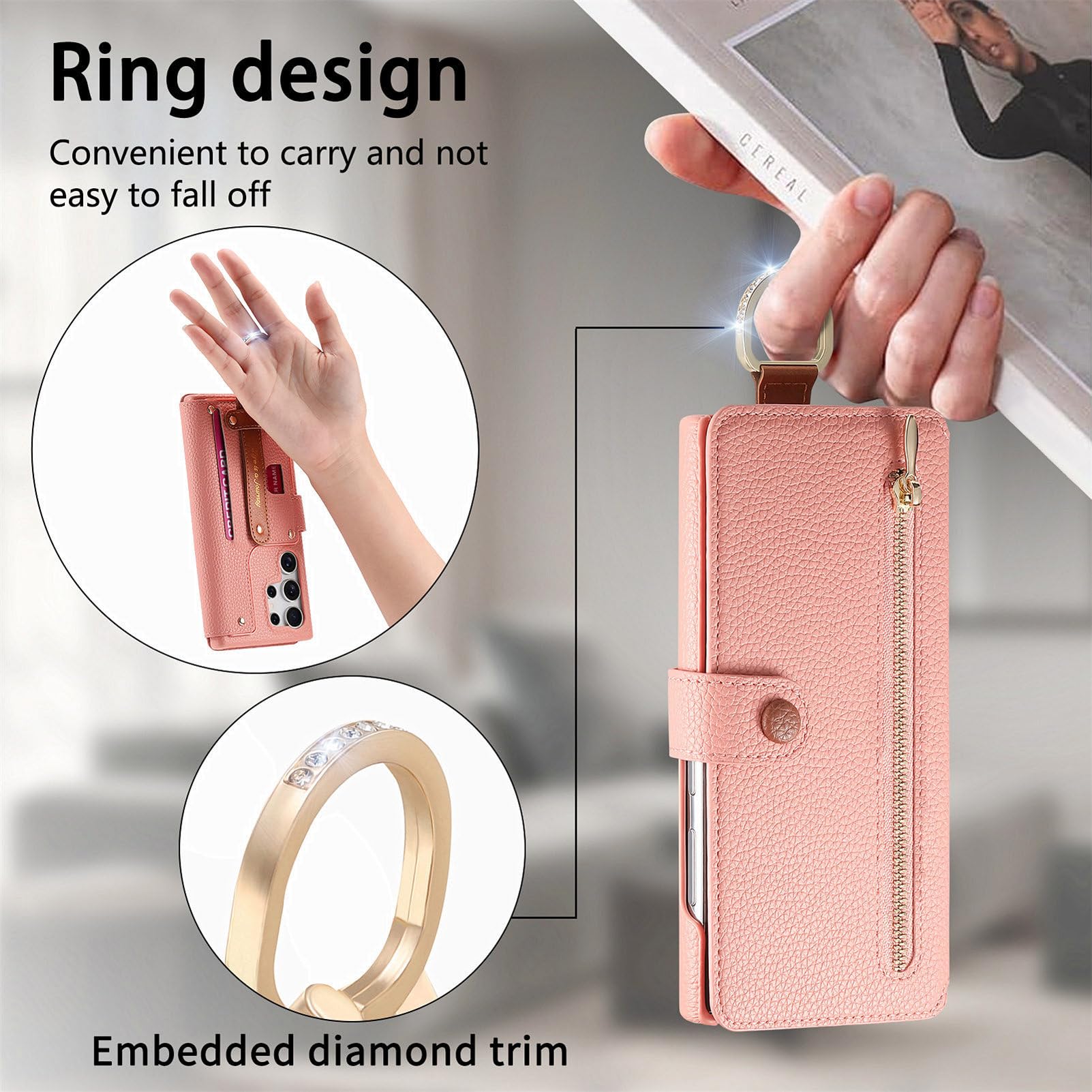 Etui z paskiem na nadgarstek do Samsung Galaxy S26 Ultra/S26+/S26, brokatowy portfel z fakturą liczi, etui z klapką i stojakiem ochrona RFID, niebieski, S26+