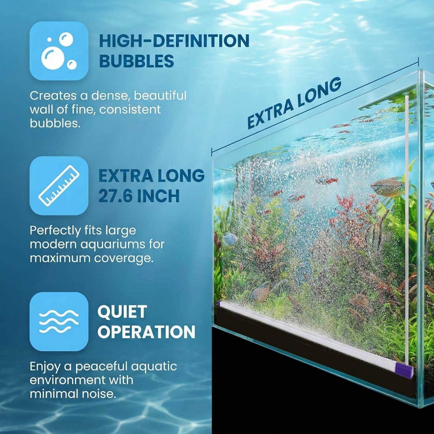 Aquarium Bubble Bar, 27.6 Inch Curtain Wall, Quiet Oxygen Diffuser, Fine Air Stone Bar for Freshwater Saltwater Fish Tanks, Fish Tank Bubbler Decorations