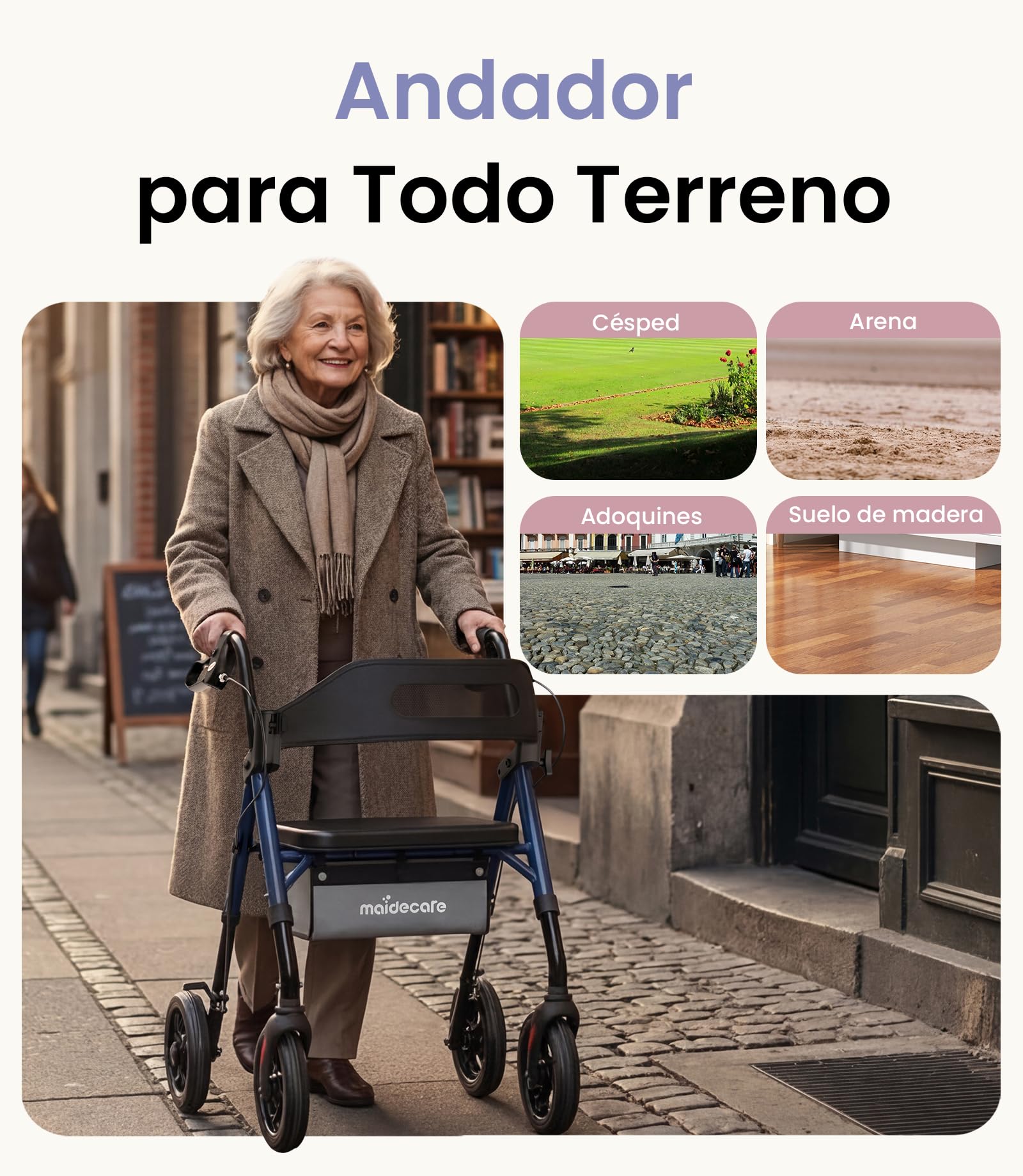 Andador para Ancianos con Asiento Plegable, Manillar y Asiento Regulables en Altura, Caminadores para Mayores, Ayuda para Caminar Ligera con Freno, Ruedas 8" Todoterreno, Azul Zafiro