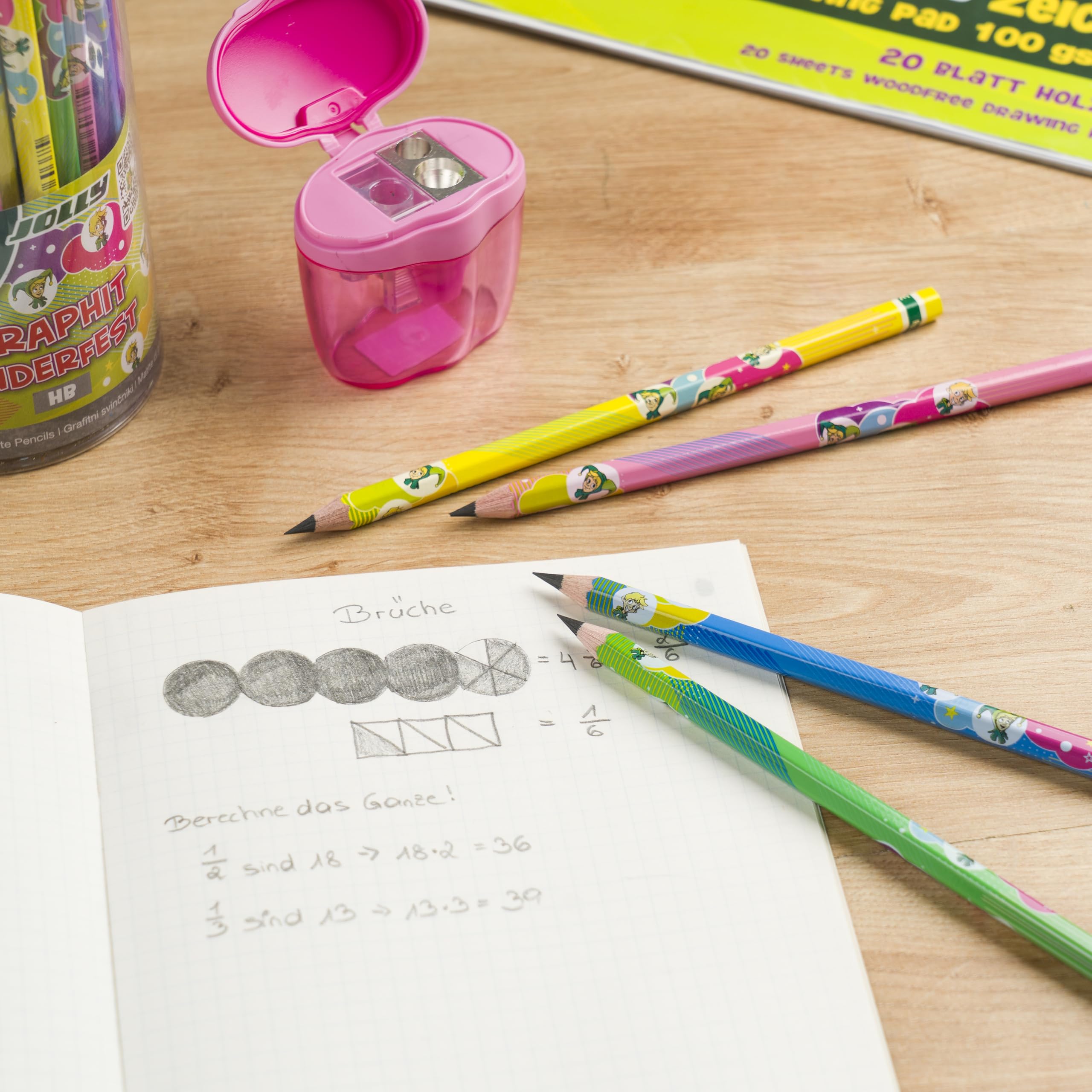 JOLLY Graphitstifte HB Nr. 2 Kinderfest, 60 Stück Runddose, bruchfeste Bleistifte für Schreibanfänger, 3,8 mm Mine, verstärkter Holzschaft, für Vorschule und Schule