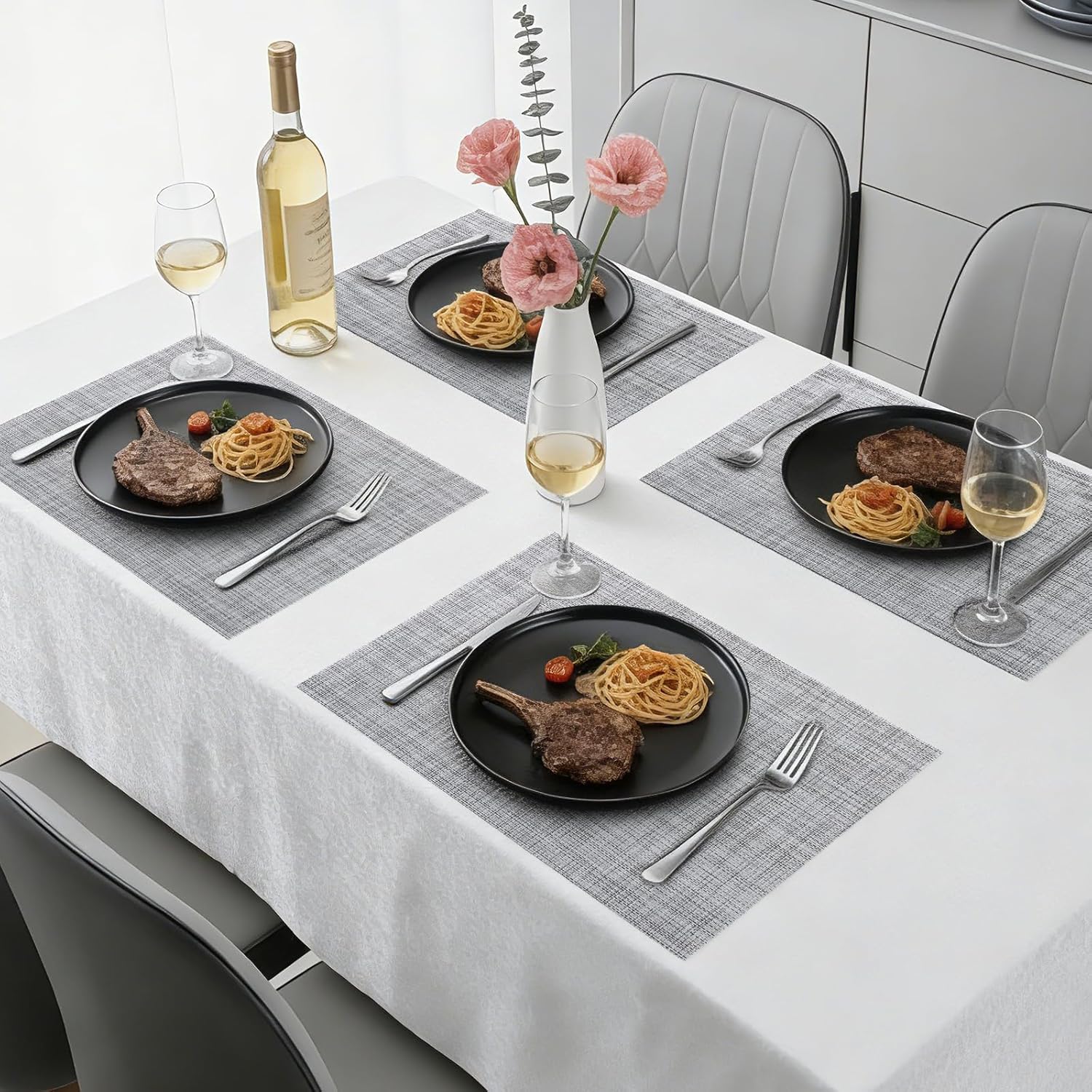 Timeet Placemats Set of 8, Heat Resistant Non-Slip Place Mats for Dining Table, Durable Washable PVC Vinyl Woven Table Mats, Linen Textured Placemats for Kitchen Resistant Easy to Clean(Gray