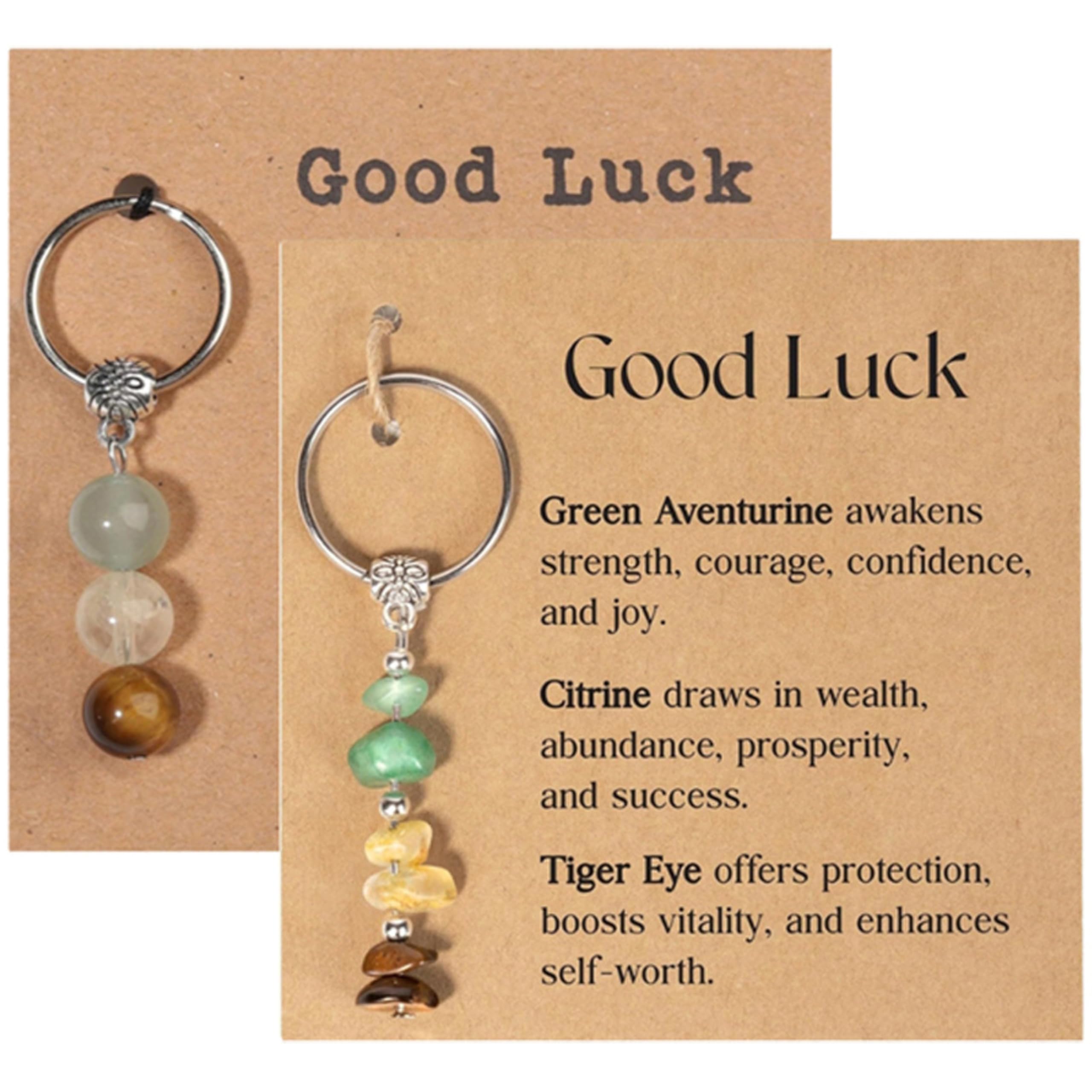 HKYUECHI 2 Pack Natural Crystal Keyring New Beginnings Healing Stones Keyring for Women Teacher Colleagues Friend Congratulations Retirement Leaving Graduation Motivational Gifts (Good Luck)