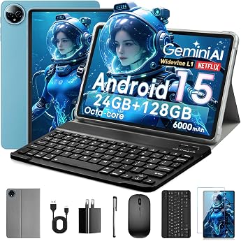 Android 15 Tablet 10 Zoll 24GB RAM + 128GB ROM 1TB Erweiterbar Octa-Core 1280x800 IPS HD Touchscreen 5MP+8MP Dual-Kamera 6000 mAh Mit Tastatur Maus Widevine L1 Blau Gemini AI