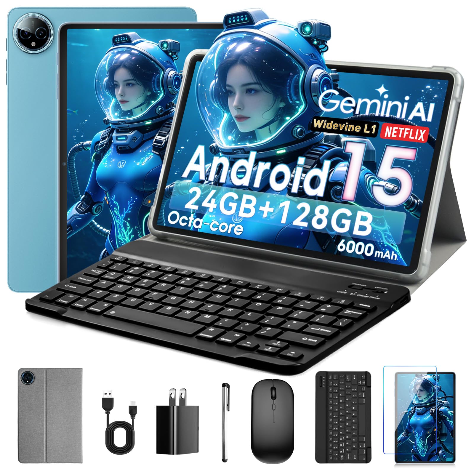 Android 15 Tablet 10 Zoll, 24GB RAM + 128GB ROM (1TB Erweiterbar), Octa-Core, 1280x800 IPS HD Touchscreen, 5MP+8MP Dual-Kamera, 6000 mAh, Mit Tastatur, Maus, Widevine L1 (Blau)，Gemini AI