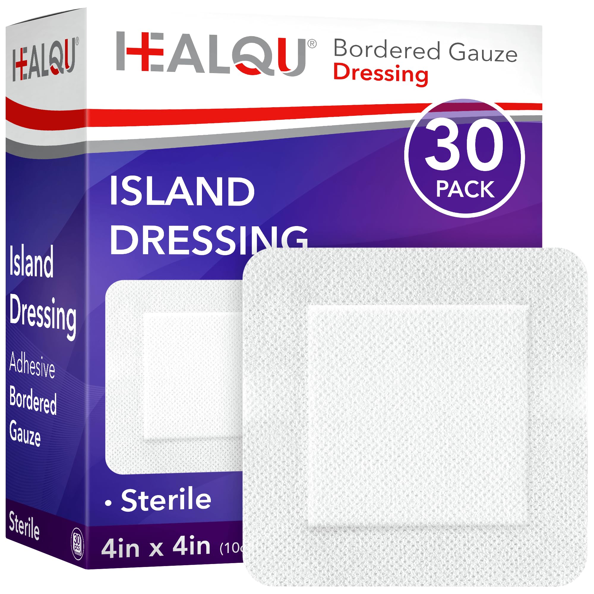 HEALQU Island Dressing - 4"x4", 30 Count - Bordered Gauze Sterile Individually Wrapped Gauze Pads, Water-Resistant, Non-Woven Backing - Soft and Breathable Wound Dressing for First Aid and Medical