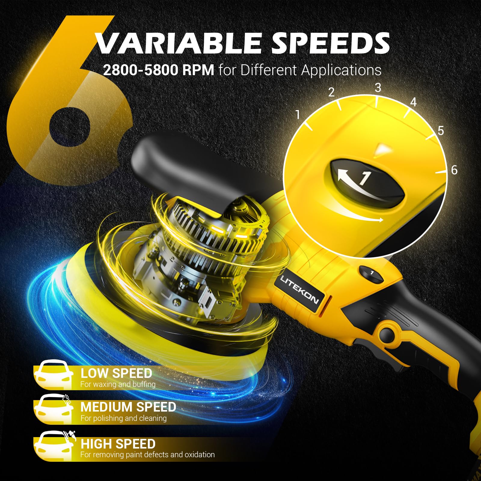 Kit de pulidor inalámbrico compatible con batería De-Walt de 20 V (sin batería), pulidora orbital de alta potencia de 2800-5800 RPM con velocidad variable, 21 accesorios de pulido, para pulido