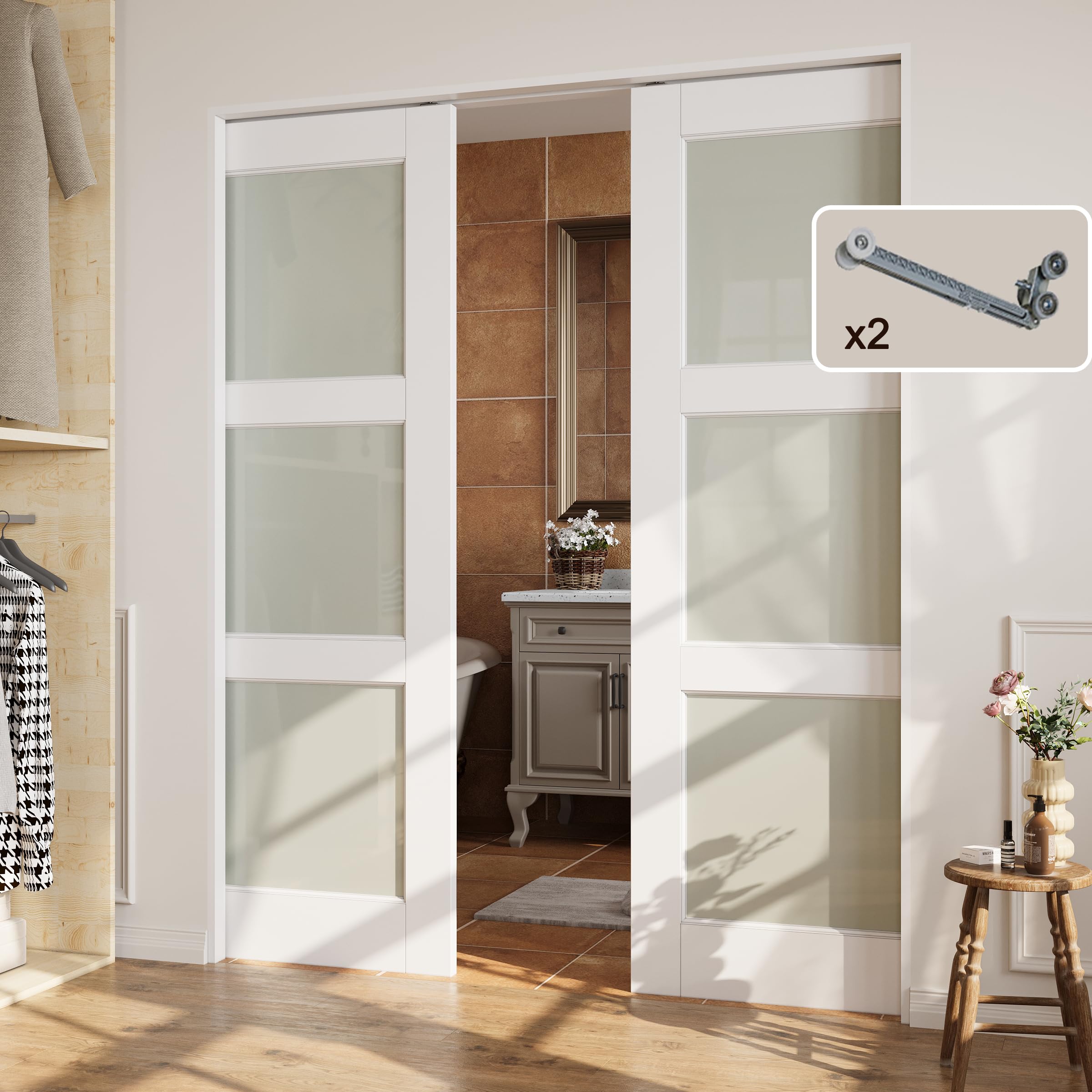 CRUTOP 64x80 Double Pocket Door with 3-Lite Frosted Glass