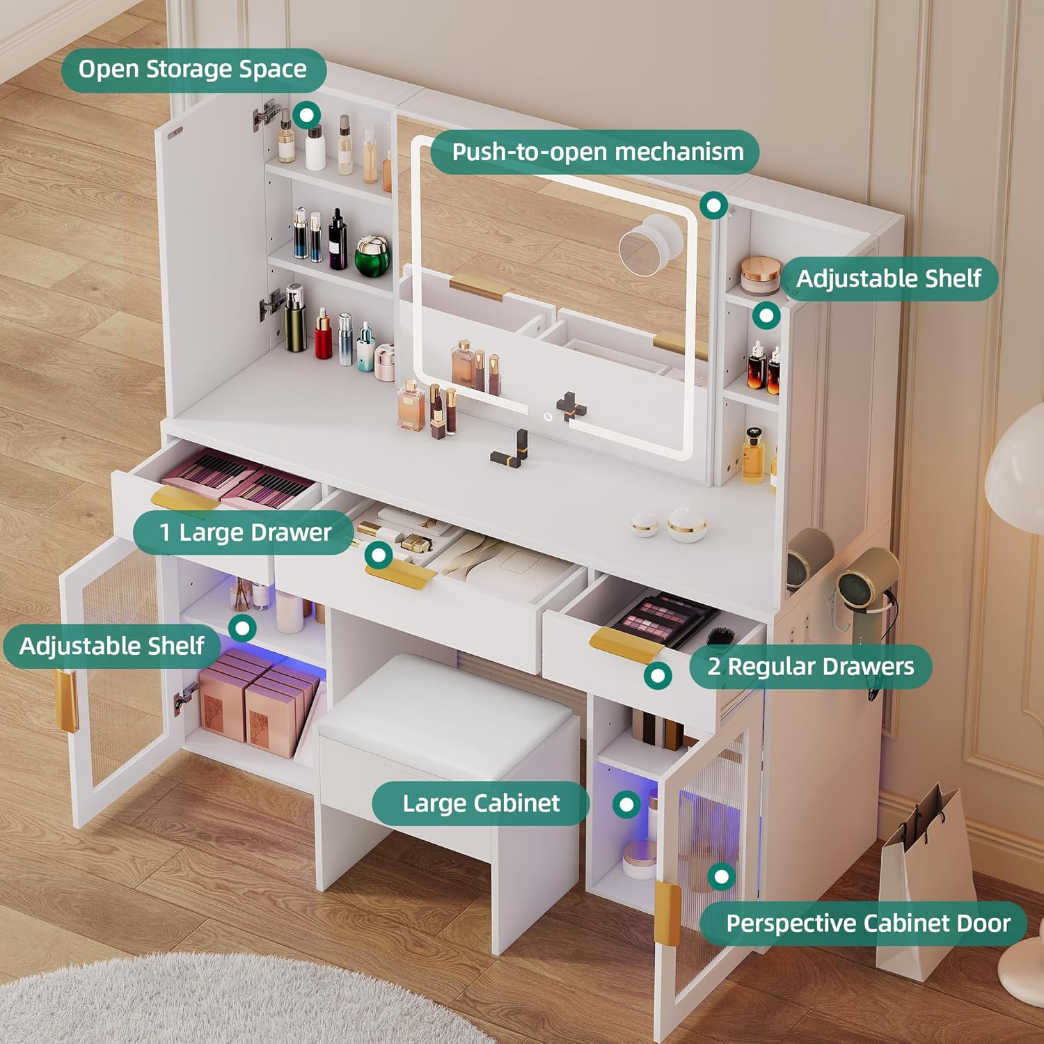 YITAHOME 56" LED Vanity Desk with Tri-Fold Mirror & Lights, RGB Glass Storage, 3 Drawers