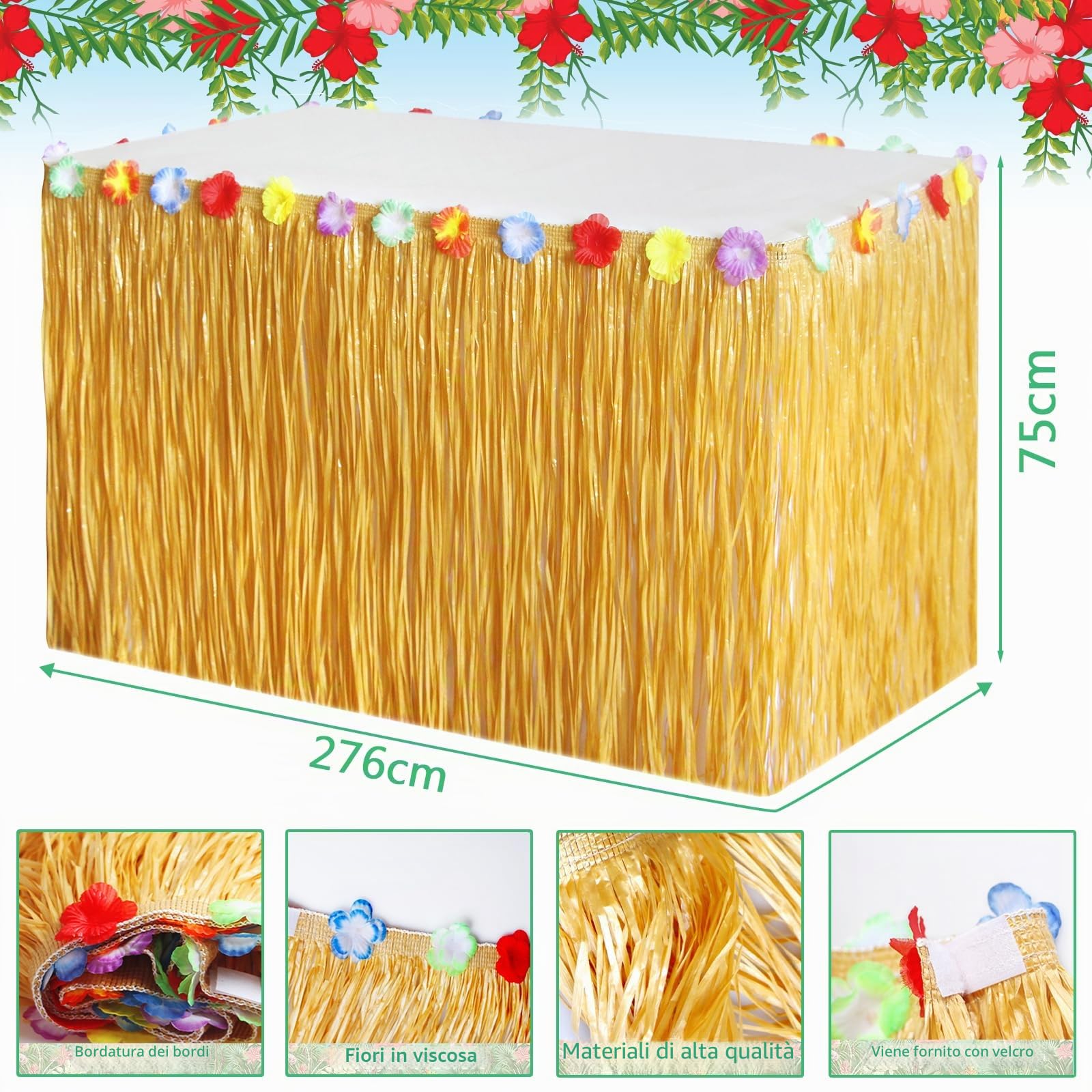 112 Pezzi Gonna Tavolo Hawaiana Tovaglia da Tavolo Set, Decorazioni Festa Hawaiana, Stendardo, Fiori, Foglie di Palma Artificiali, Forchette per Torta e Cannucce per Feste a Tema Hawaiano