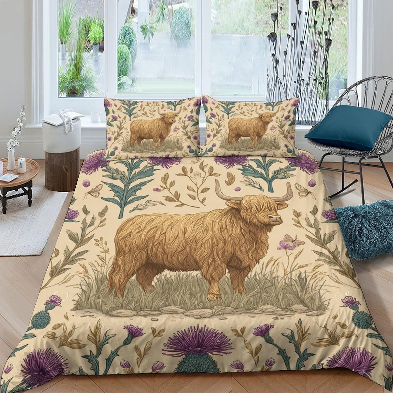 Unrxjzlvm Style-3 Highland Cow 3D Bedding Set Microfiber Rustic Decor Teens
