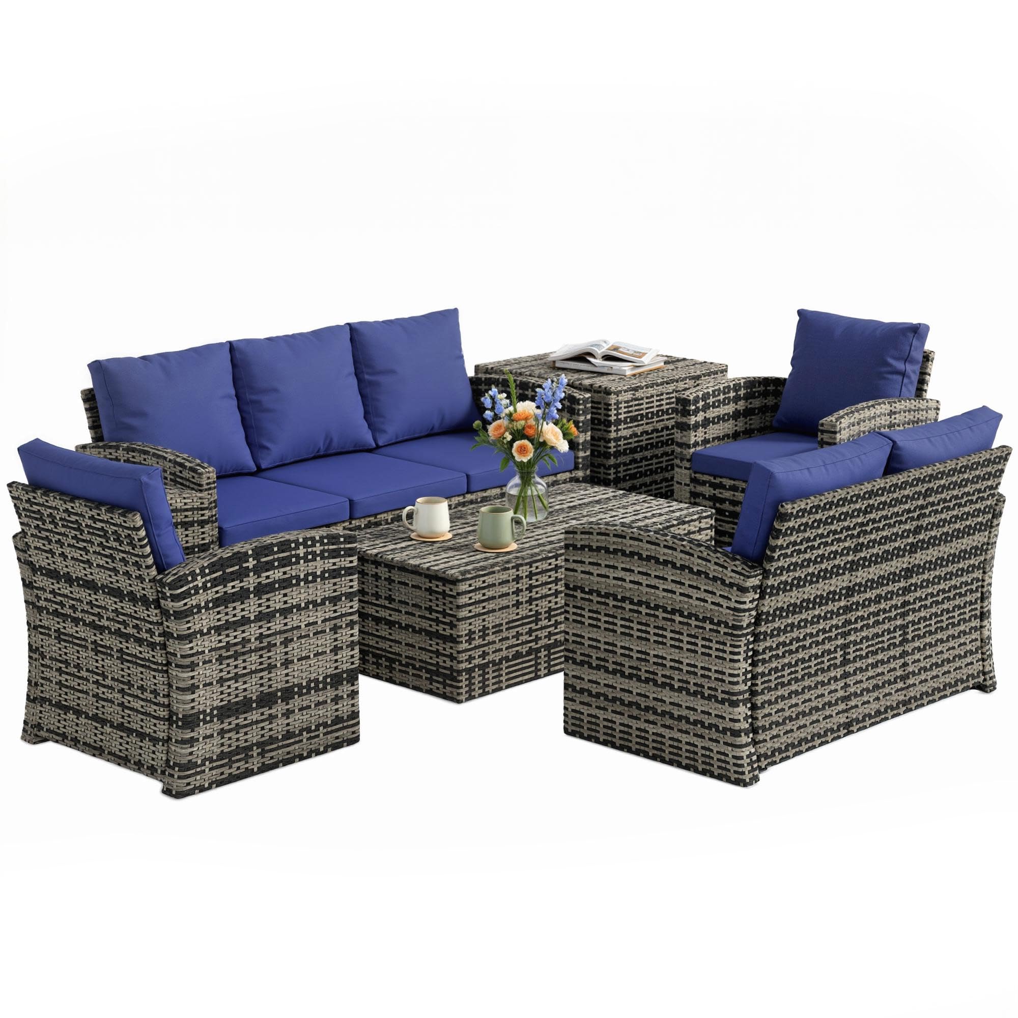 Outsunny 6 Pieces Rattan Garden Furniture Set 7 Seater with Cushions Navy