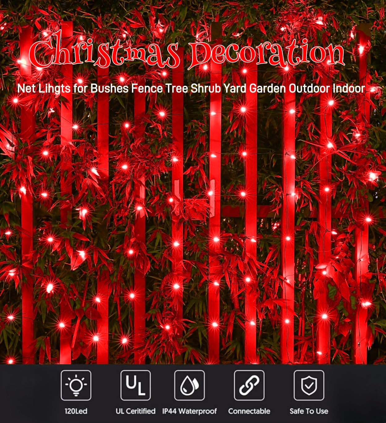 Meteds Luces LED de red de Navidad para exteriores, 120 LED de 6 x 4 pies, luces de malla de Navidad conectables para arbustos, vallas, árboles, arbustos, patio, jardín, decoraciones de Navidad al