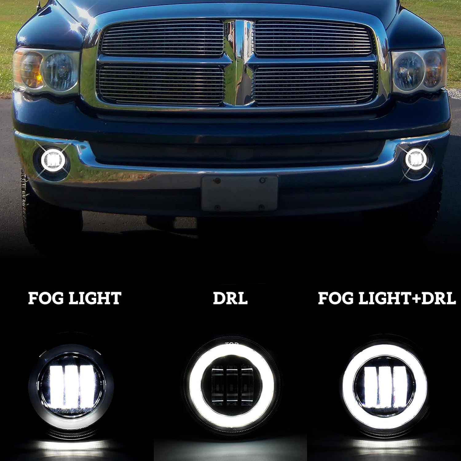 KEWISAUTO LED Fog Lights with Halo Ring DRL for Dodge Ram 1500 2500 3500 94-02, Bumper Driving Fog Lamps Replacement with Daytime Running Lights for 1994-2002 Dodge Ram 1500 2500 3500 Accessories