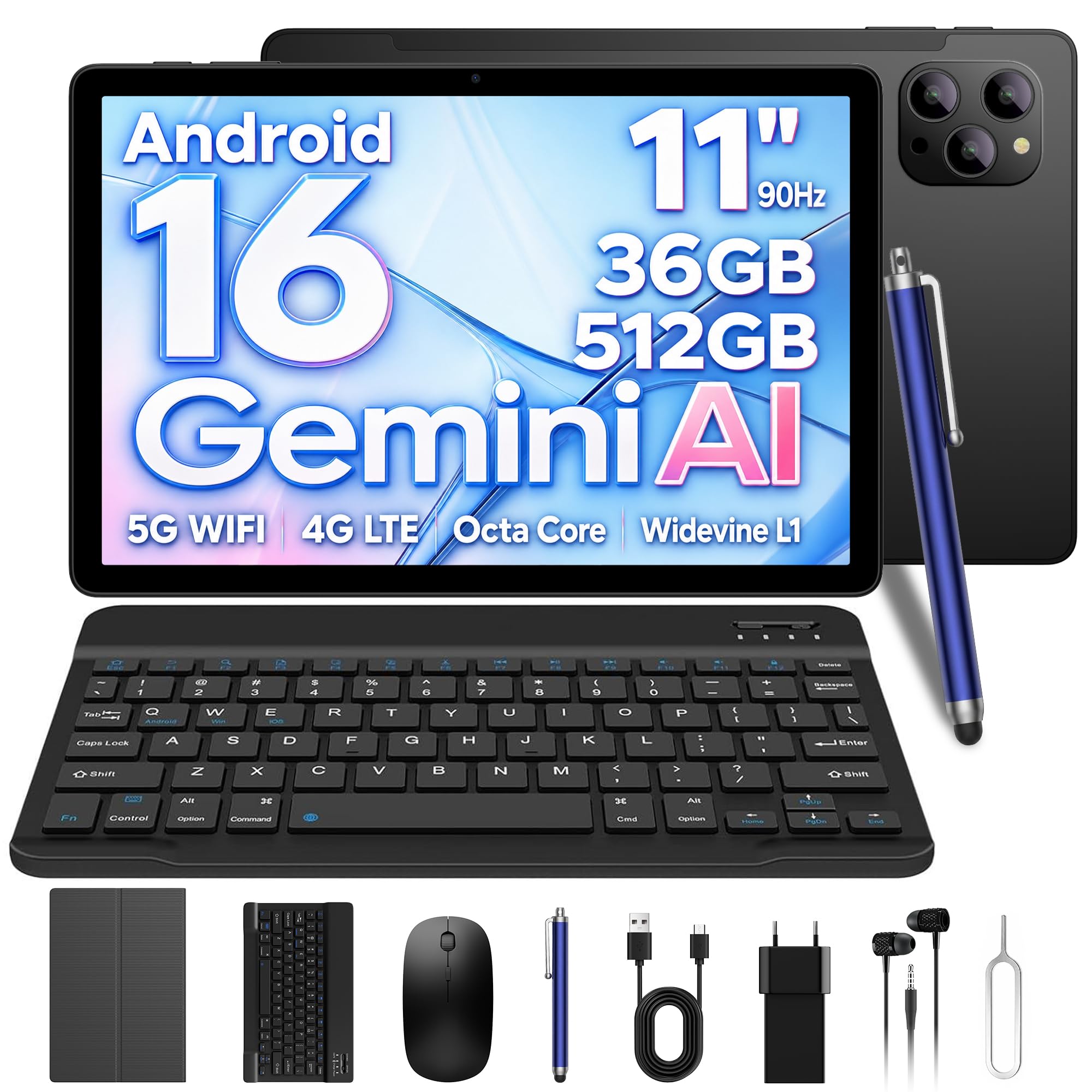 Tablette 11 Pouces Android 16 avec 36Go RAM+512Go ROM (2TB TF),4G LTE & 5G WiFi,Octa-Core 2.0GHz,8000mAh, 13MP+8MP/Widevine L1/Gemini AI/GPS/Face ID/BT 5.0, Tablette Tactile avec Clavier,Noir