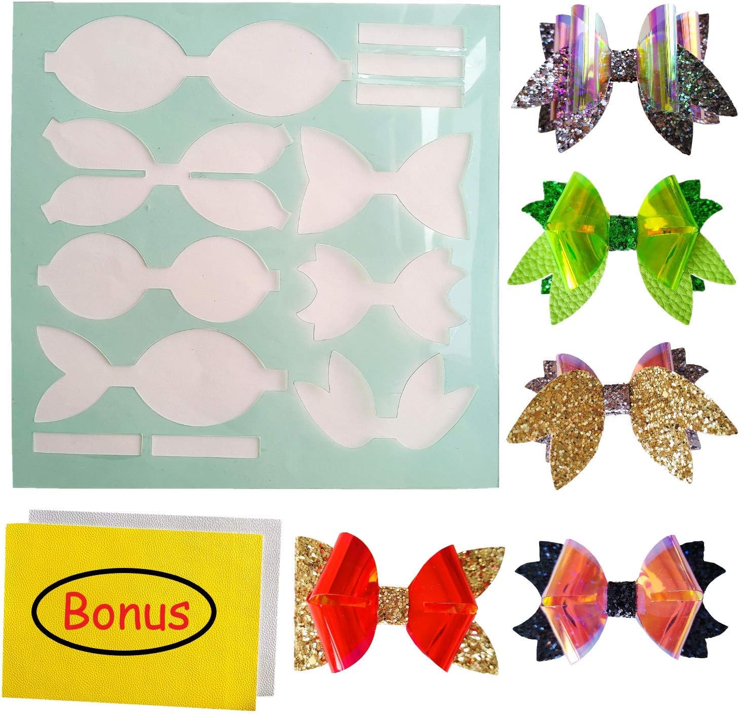Reusable Faux Leather Bows Making Template,4 Kinds of Bow Styles Plastic Cutting Stencil for DIY, Add 2 pcs A4 Size Vinyl Fabric Sheets for Free(Random Colors)