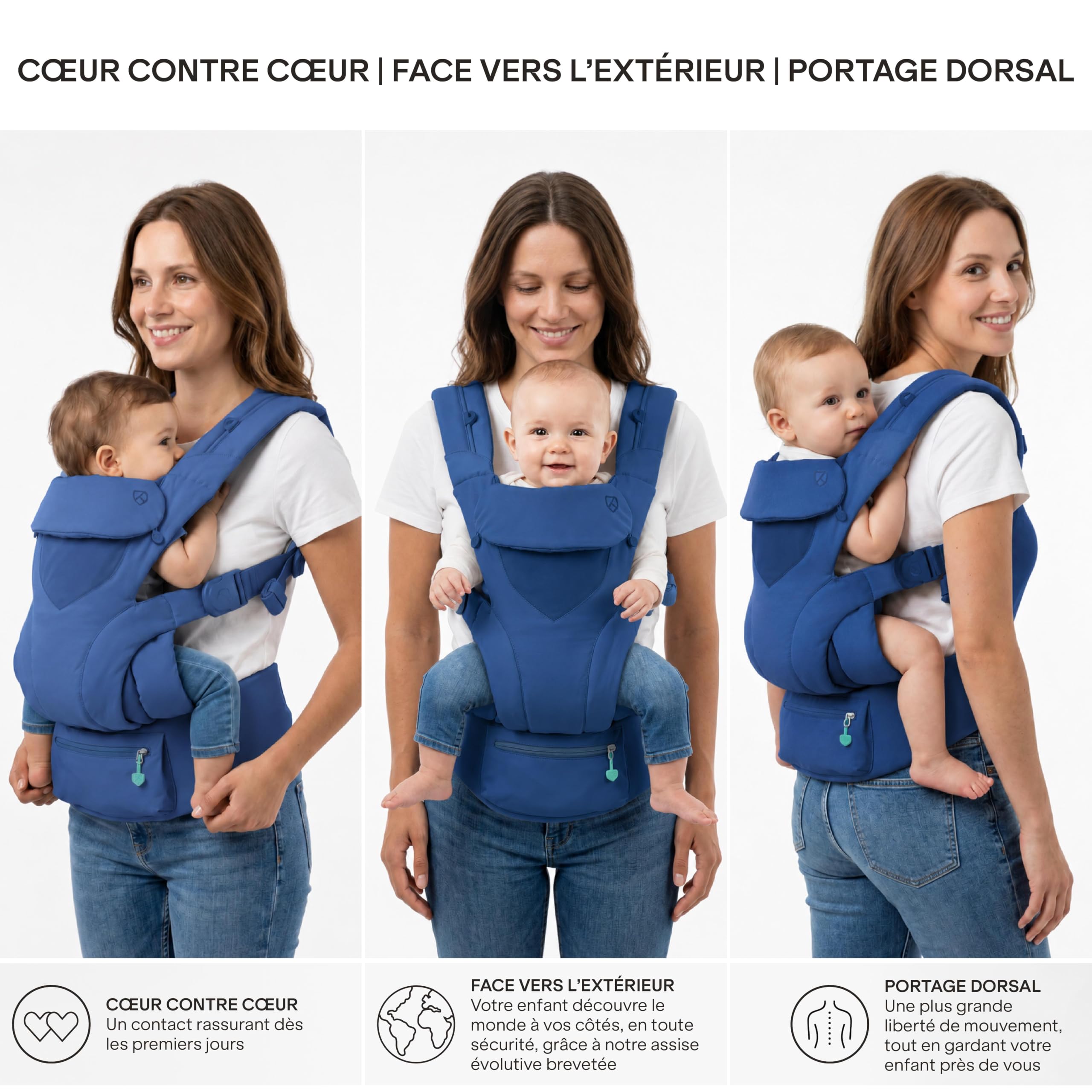 Koala Babycare Porte Bebe Physiologique Évolutif 0-36 Mois (3,2-20,4 kg) - Siège Réglable Breveté en 3 Positions, Baby Carrier Ergonomique, Face Parent, Face au Monde et Dos