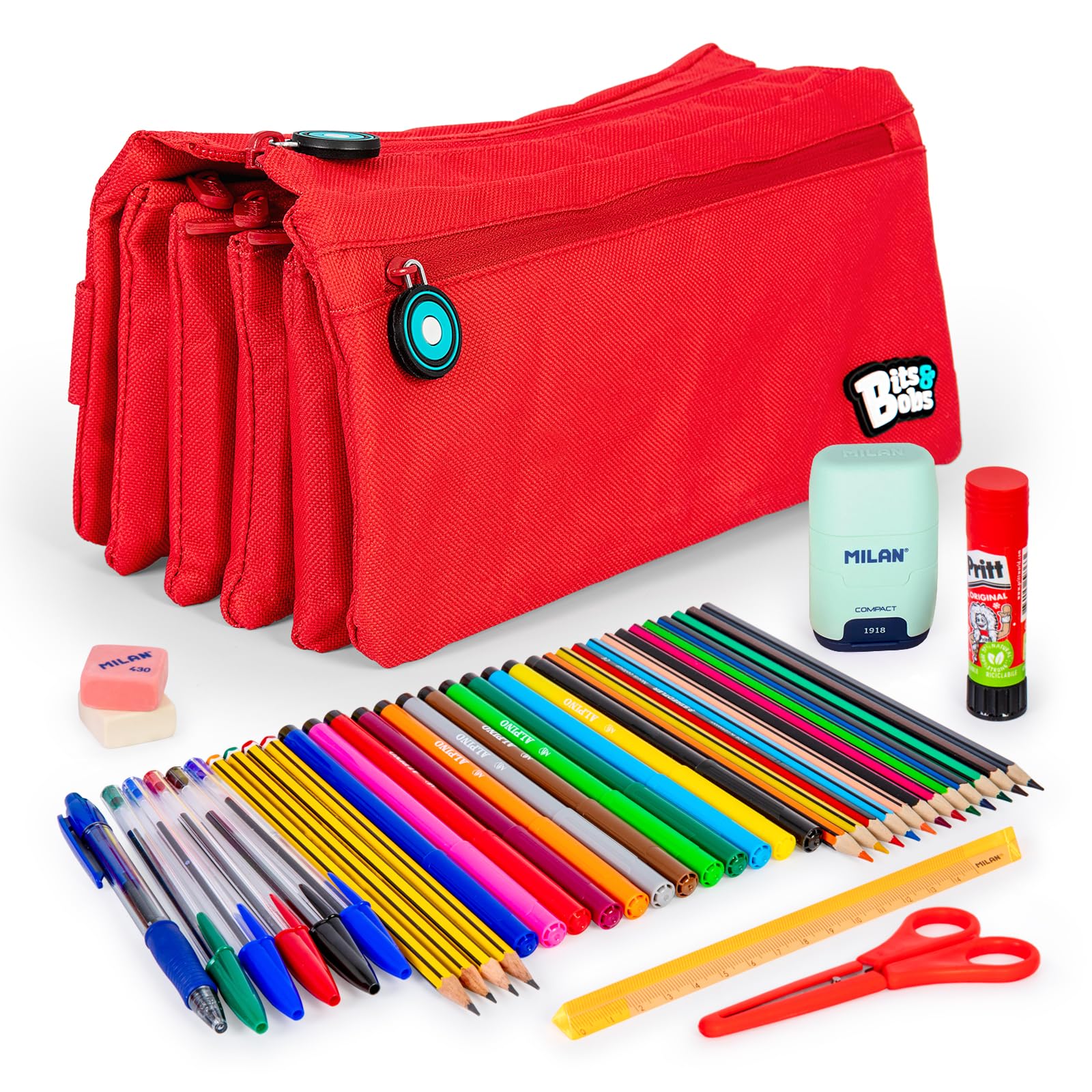 ColePack - Ensemble de Trousse Scolaire Quadriple avec 4 Fermetures Éclair et Fournitures Scolaires de Grandes Marques Incluses (Rouge)