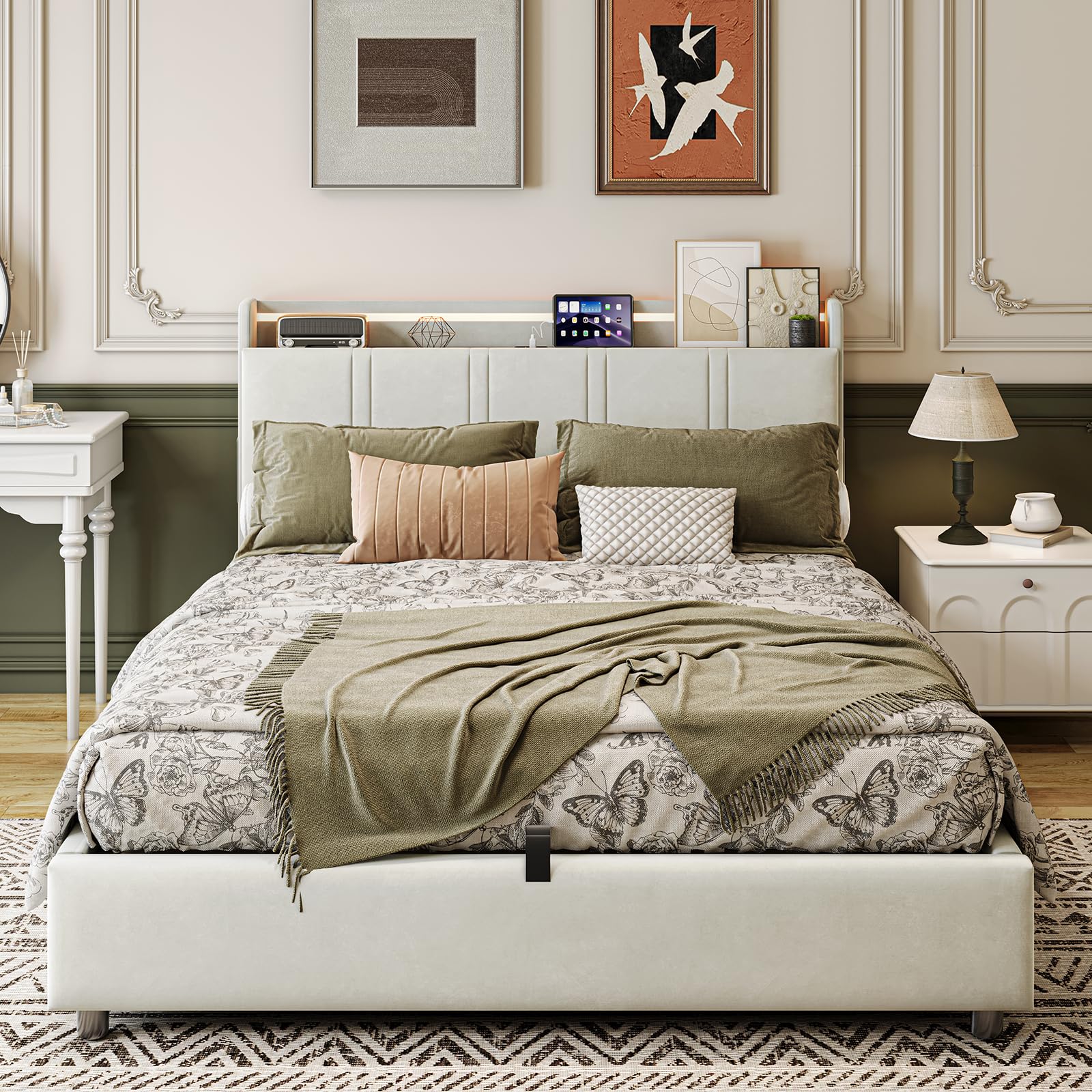 Camas Matrimoniales 160x200 con Almacenaje, Tira LED y USB C, Cama Canape Hidráulico con Alfombra Antipolvo y Cabecero Almacenaje Multifuncional,Cama Tapizada en Terciopelo,Somier Madera 500kg,Beige