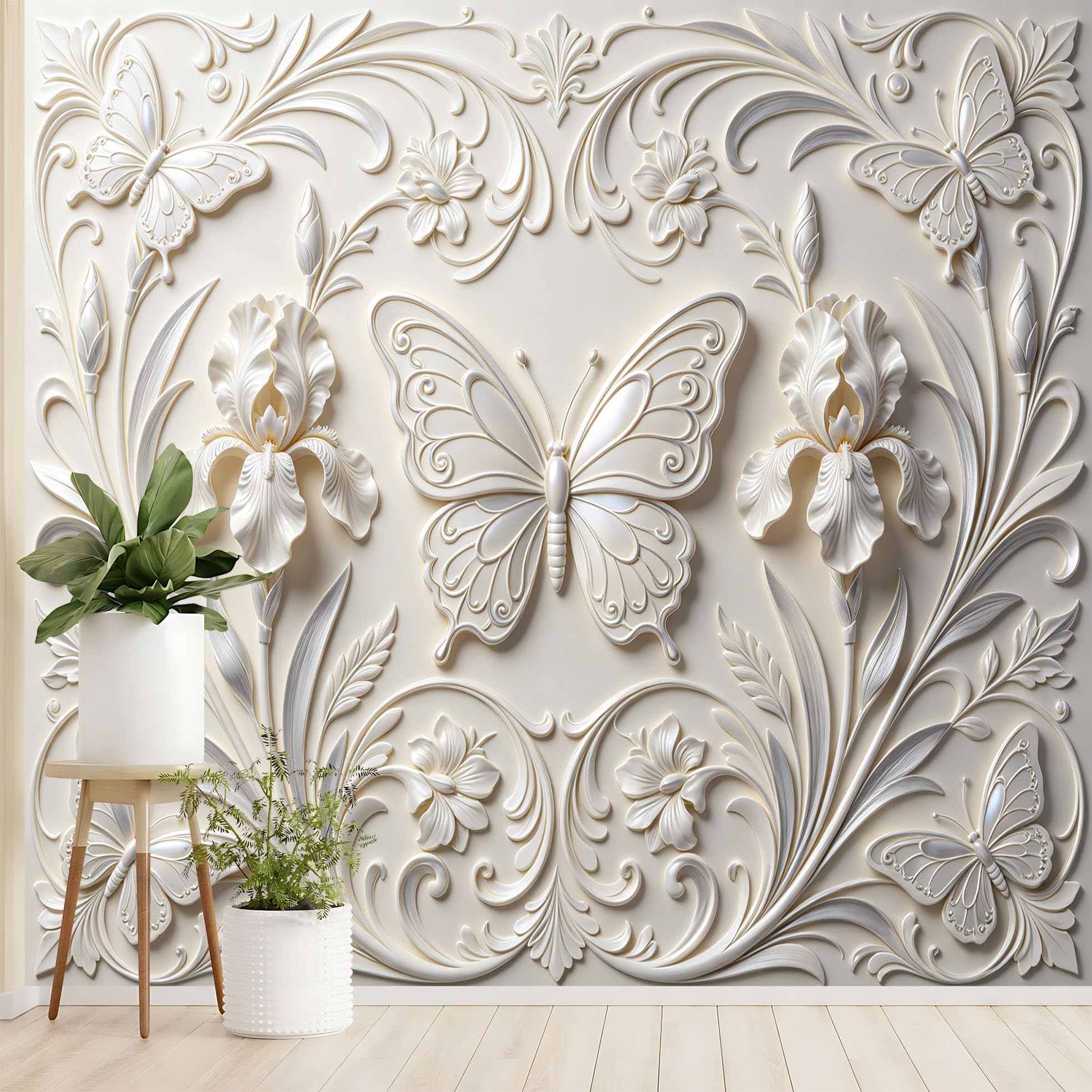 Tłoczony kwiatowy wzór 3D tapeta z włókniny motyl i irys styl barokowy elegancki kremowy kolor kości słoniowej 450 x 315 cm idealna do dekoracji sypialni lub ścian salonu