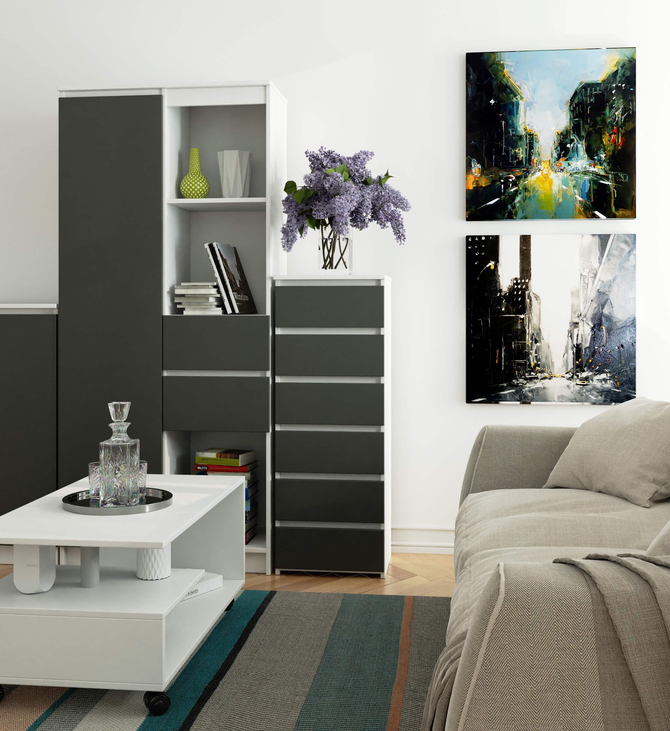 Kommode mit 6 Schubladen Kommode Schlafzimmer Flur Wohnzimmer Organizer Kommode mit Schubladen 40 cm breit 109 cm hoch | weiß graphit Holz Highboard Sideboard Mehrzweckschrank Schrank schmal