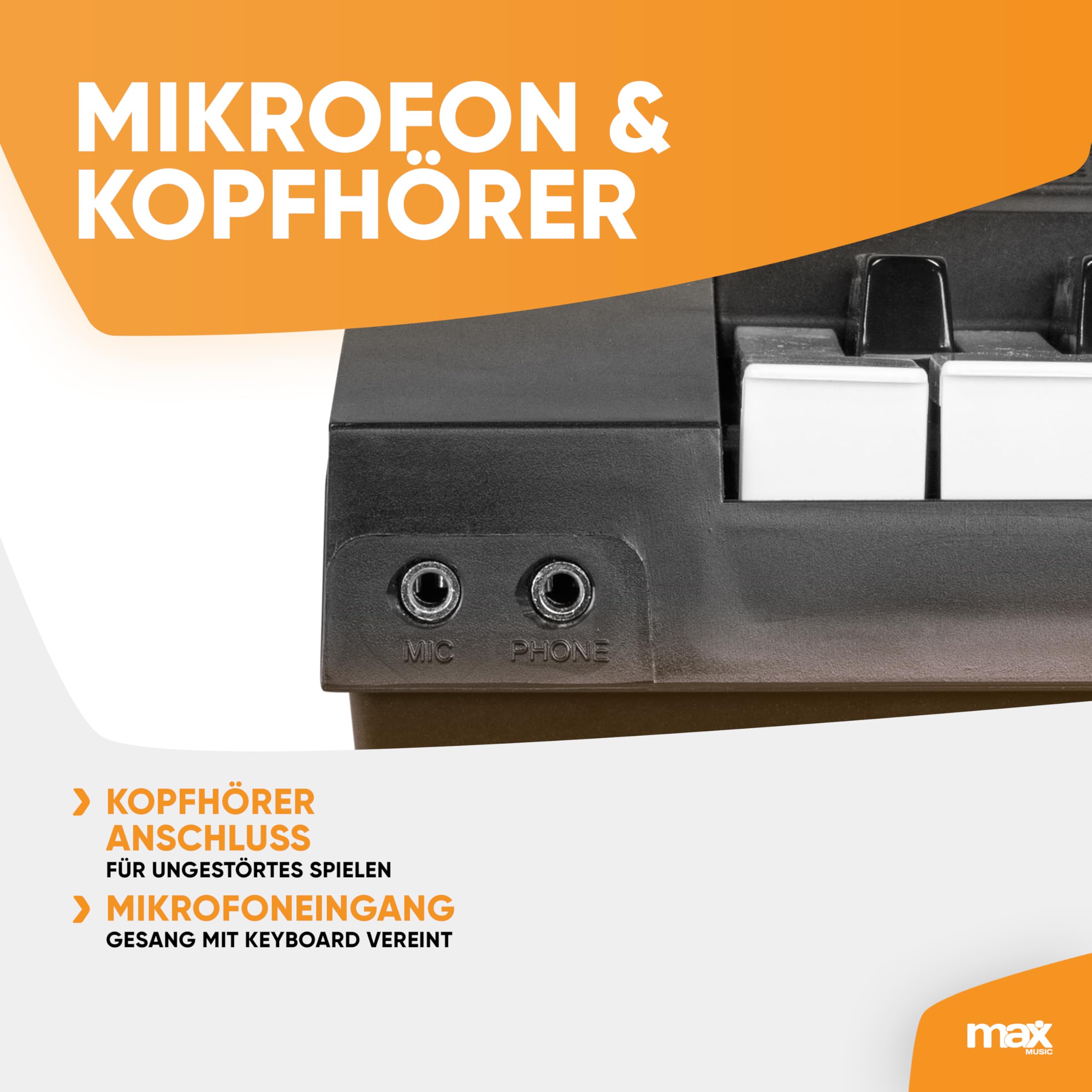 MAX KB15 - Keyboard Piano mit 61 Tasten, E Piano mit Mikrofon und Lautsprecher, LCD Display, 6 Demosongs, Klavier Keyboard für Anfänger, Lern-Funktion, 26 Klangarten, 8 Percussion, USB-C