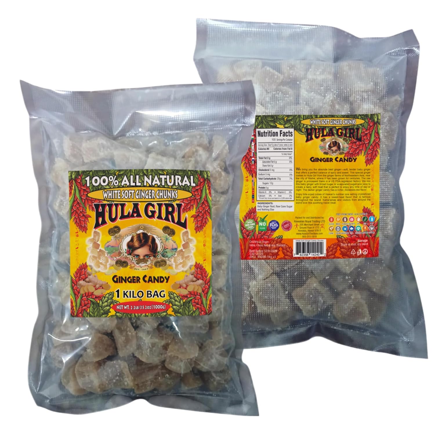 Hula Girl Crystalized Soft Ginger Candy (White Chunk 35.2oz / 2.2lb (1kg bag)