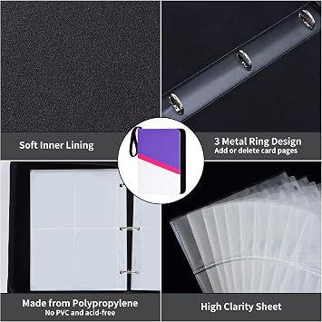 Trading Card Binder 4 Pocket with Zipper & Hand Strap, Holds Up to 400 Cards, PU Leather TCG Binder for Collectors, Purple & White