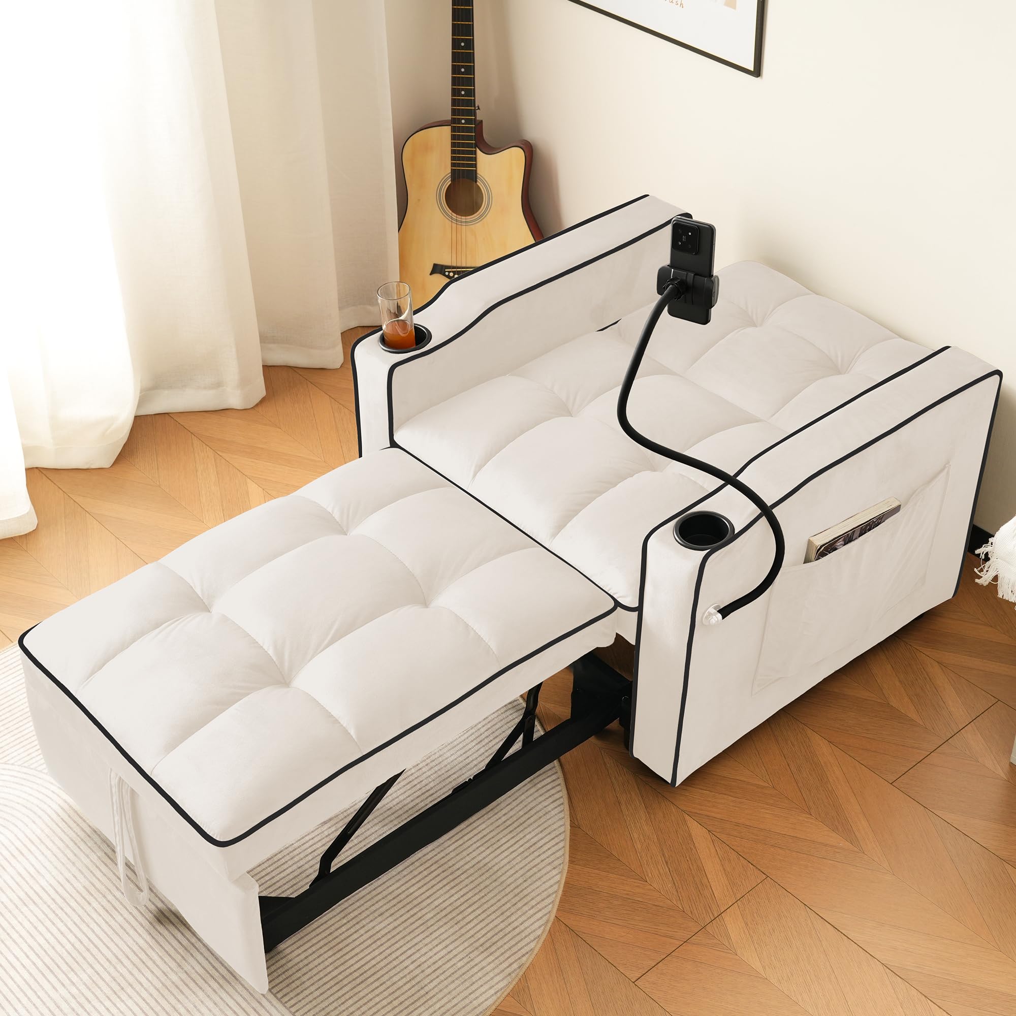 Divano letto singolo allungabile 3 in 1 – con portabevande e supporto per cellulare, poltrona reclinabile, ideale per piccoli spazi, 83 x 167 x 76 cm (beige)