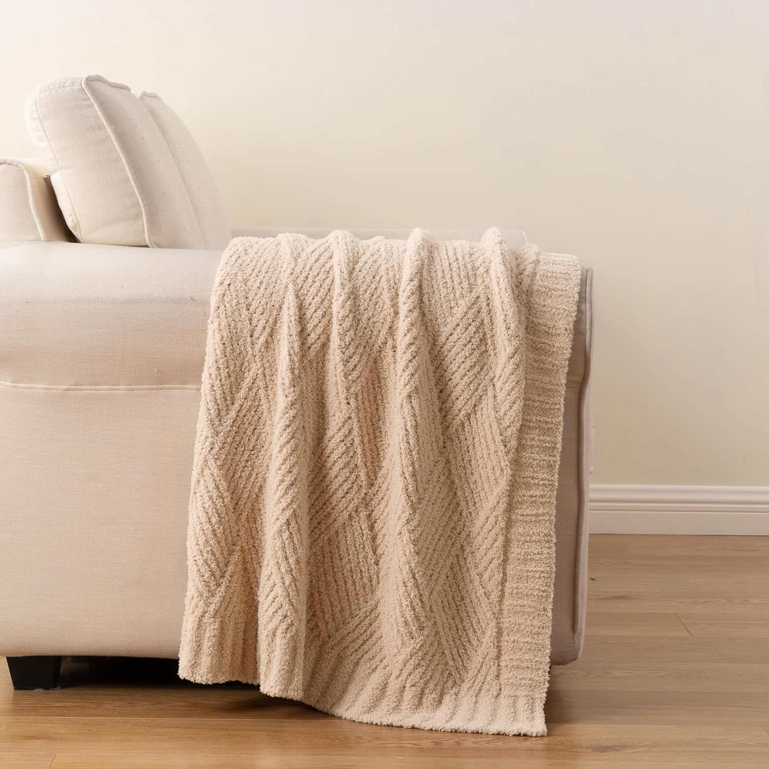 Battilo Beige Chenille Throw Blanket for Couch, Soft Diamond Textured Knit Tan Blanket, Cozy Lightweight Decorative Blankets for Sofa, 50"x60"