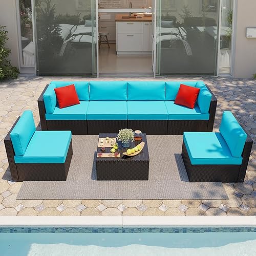 Shintenchi 7 Pieces Patio Furniture Sets Outdoor All-Weather Sectional Patio Sofa Set PE Rattan Manual Weaving Wicker Patio Conversation Set with Glass Table&Ottoman Cushion and Red Pillows, Blue