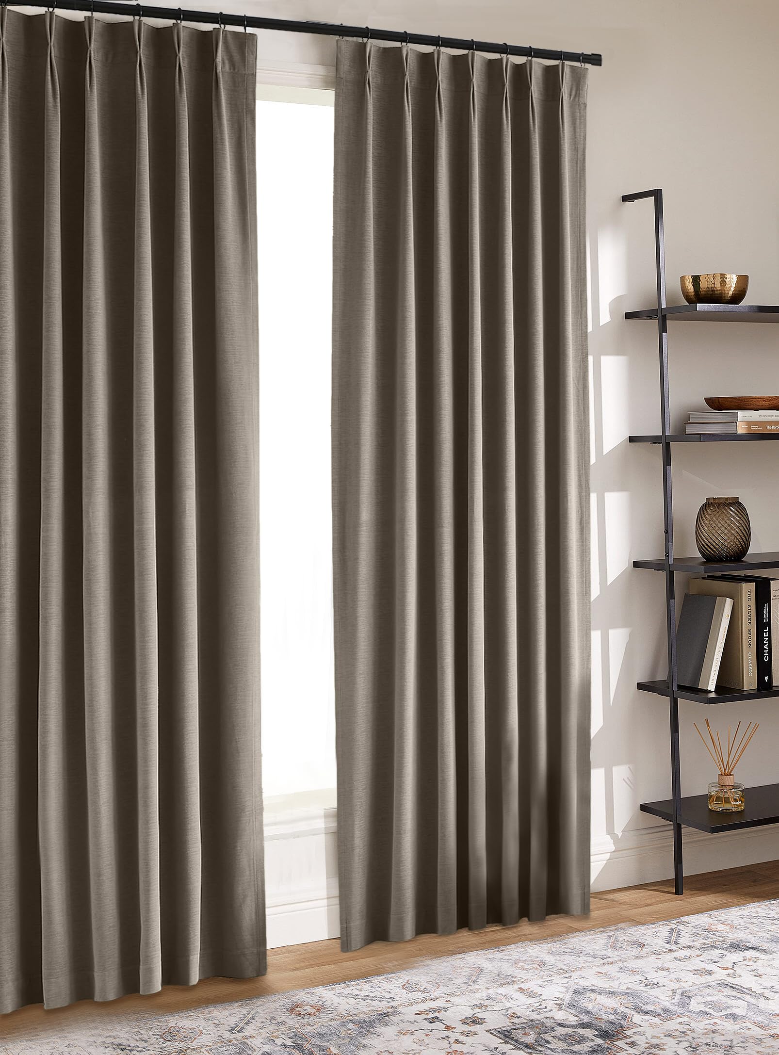 Hillcrest 112 Inches Camel Beige Chenille Velvet Pinch Pleated Blackout Curtains Room Darkening Thermal Insulated Window Drapes for Living Room