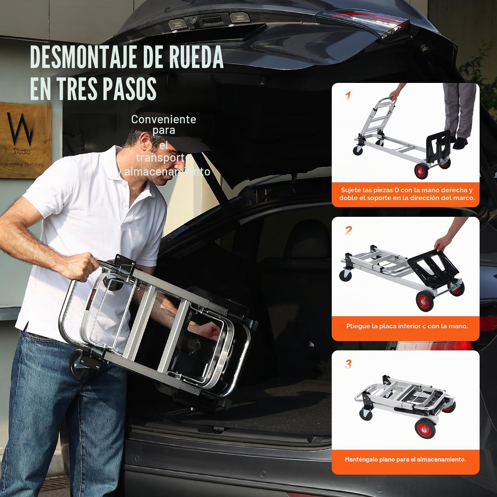 VEVOR Carretilla de Mano Plegable de Aluminio Carro de Mano 2 en 1 Carretilla de Transporte Plegable con Plataforma Carga de 181 kg Ruedas de Goma para Transporte de Mercancías de Almacén Supermercado