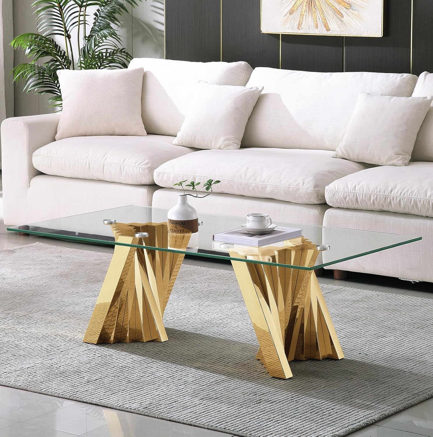 HomVent 51.18" Glass Coffee Table, Gold Sofa Tables for Living Room, Tempered Glass Side Couch Table, Modern Rectangle Center Tables for Bedroom Room Home Furniture