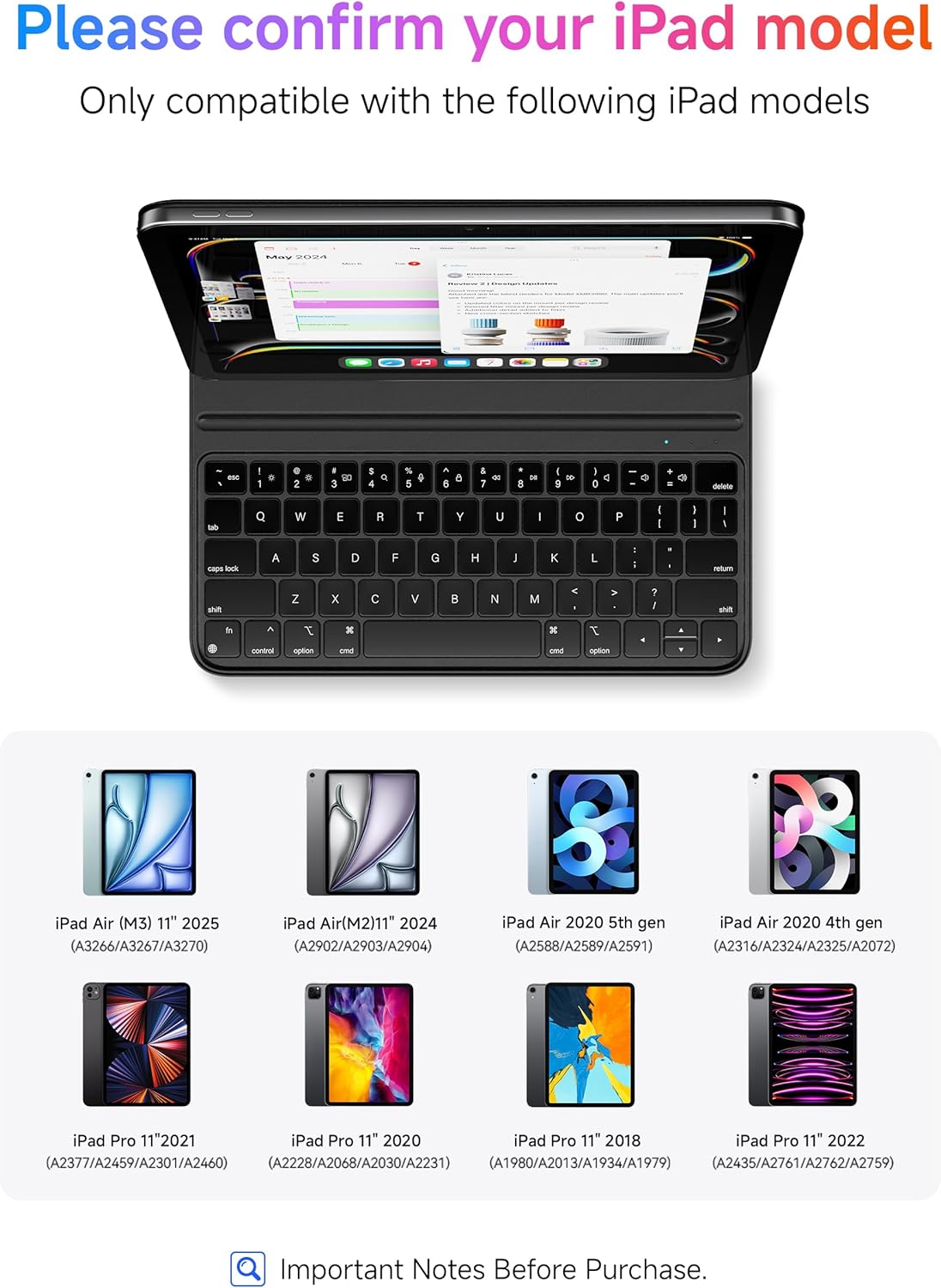 HOU Slim Bluetooth Keyboard Case for iPad Air 11 inch M2/M3, Air 5th/4th, Pro 11 (1st-4th Gen 2018-2022), Smart Folio, Magnetic Stand with 2 Angles, Magnetic Charging, Synthetic Leather, Black - Image 2